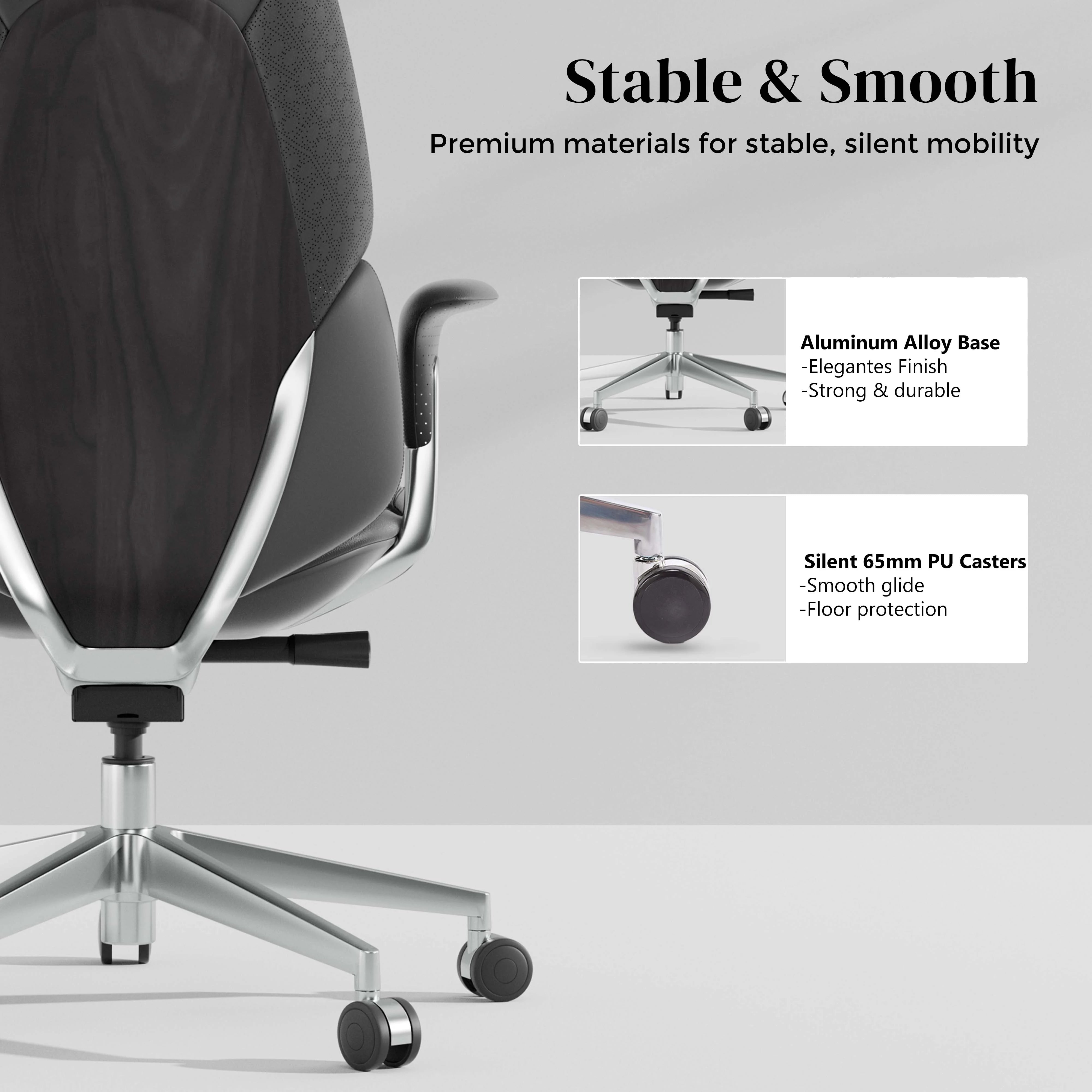 Leather office chair with armrest and smooth wheeled base, dark fabric