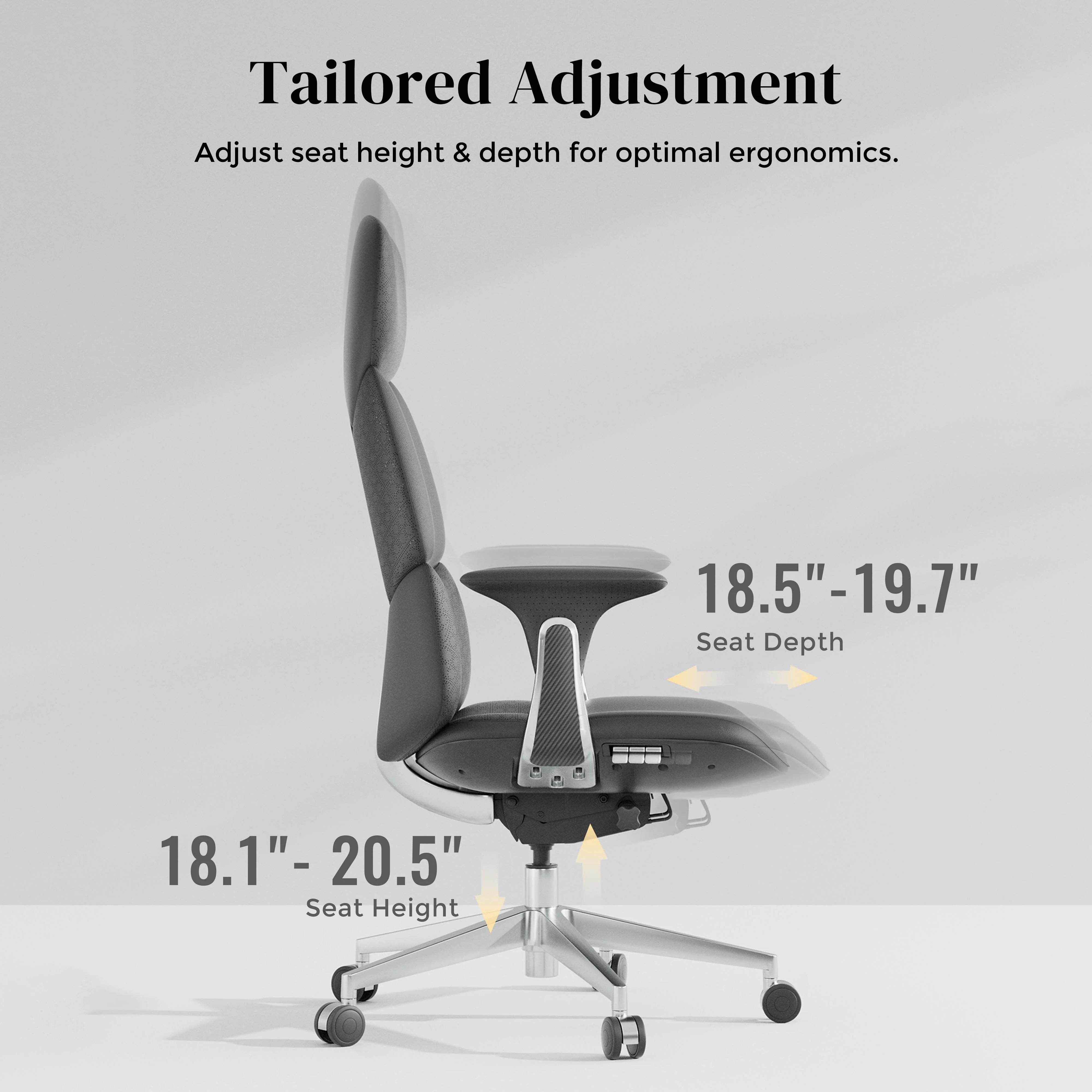 Leather office chair with adjustable seat and curved backrest, on wheeled base