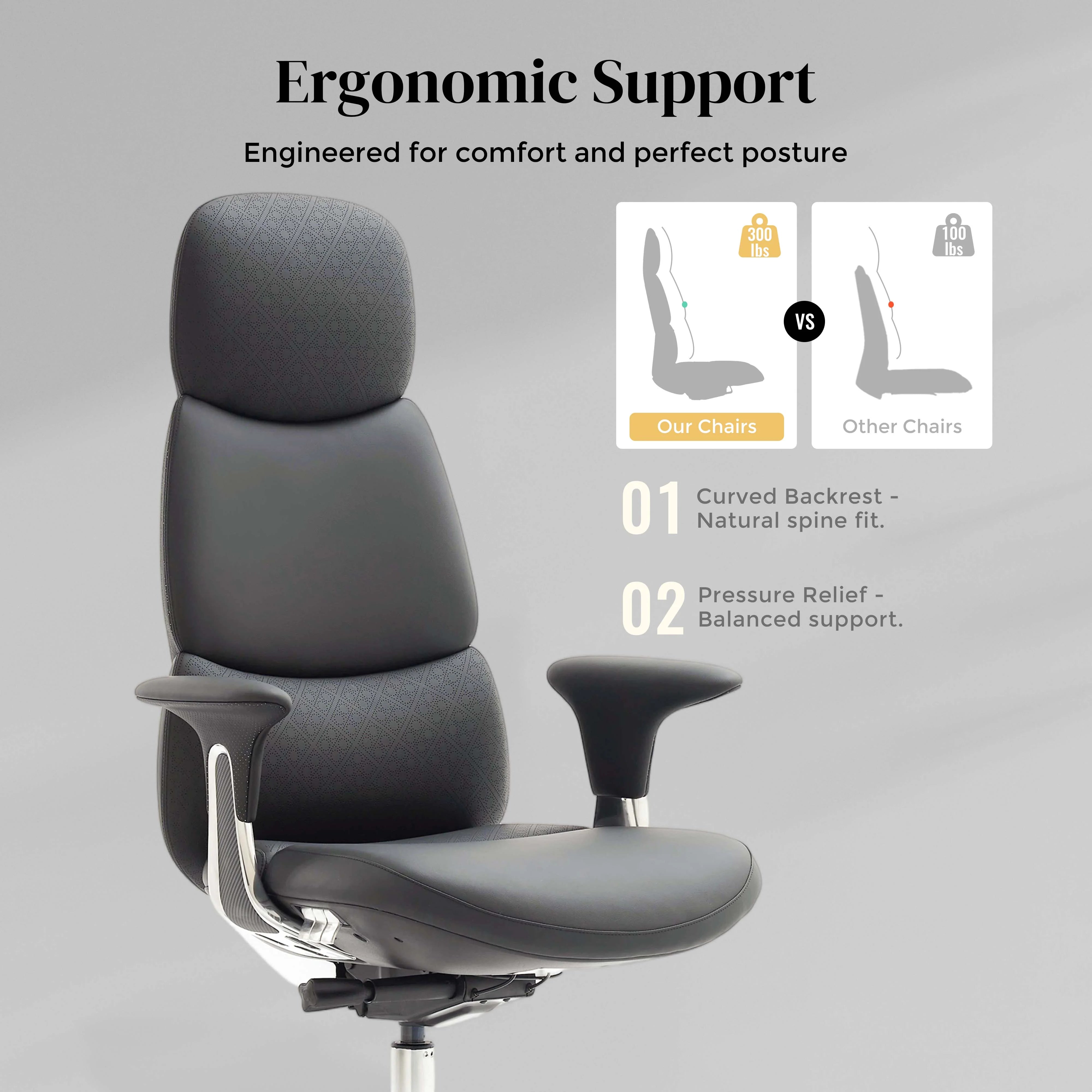 Black upholstered office chair backrest and seat with contoured lumbar support and armrests