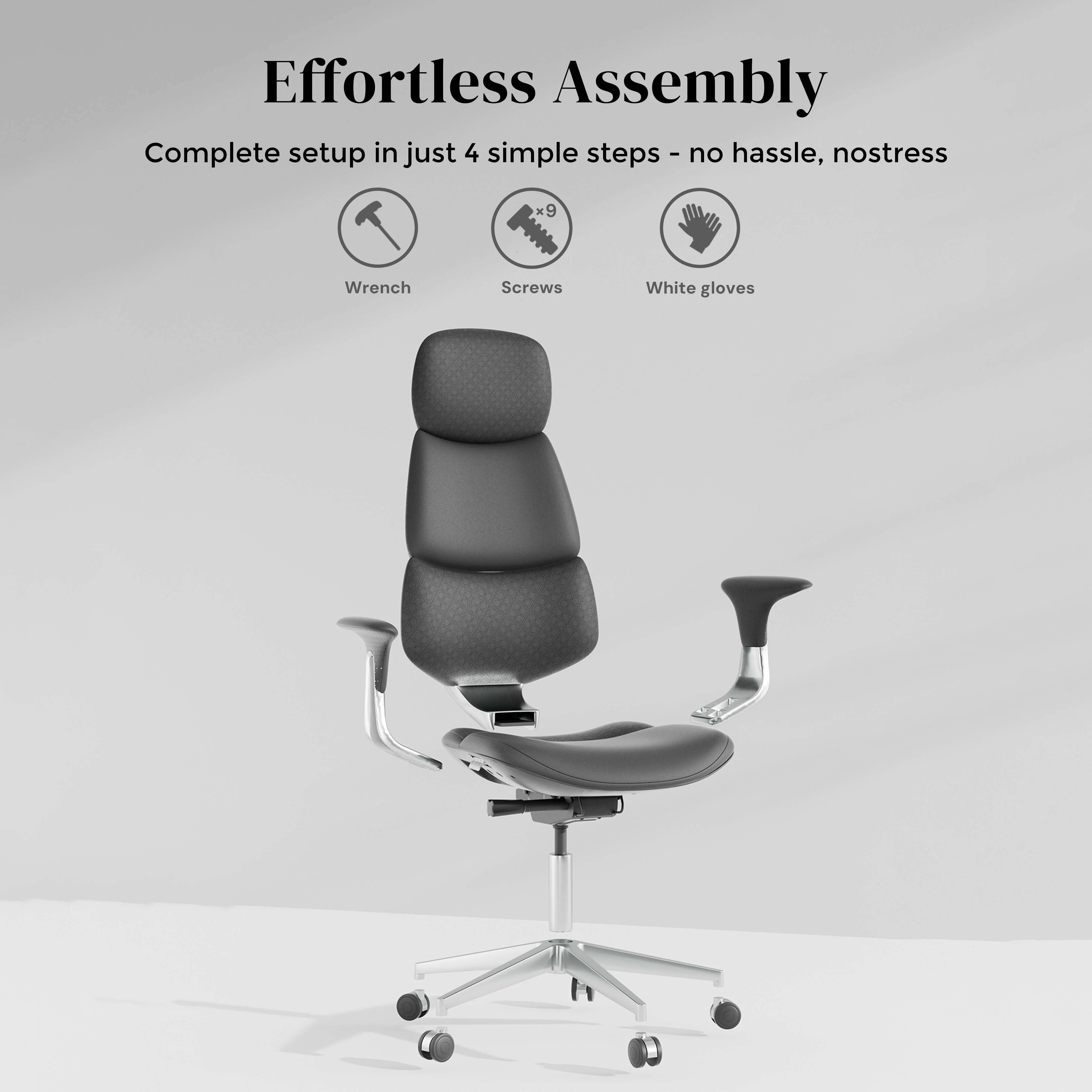 Leather office chair with contoured seat and backrest, armrests, and wheeled base