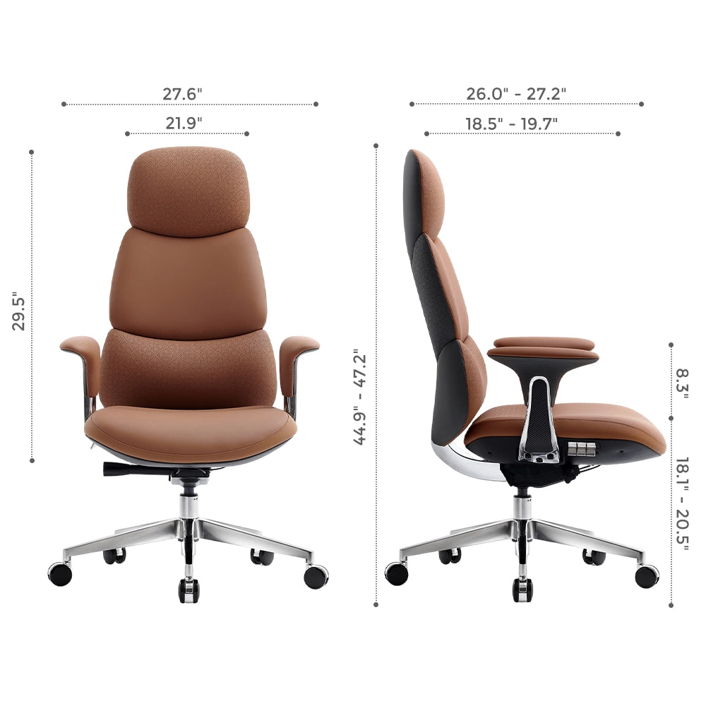 Nyla leather chair in brown with rounded backrest and armrests on swivel base