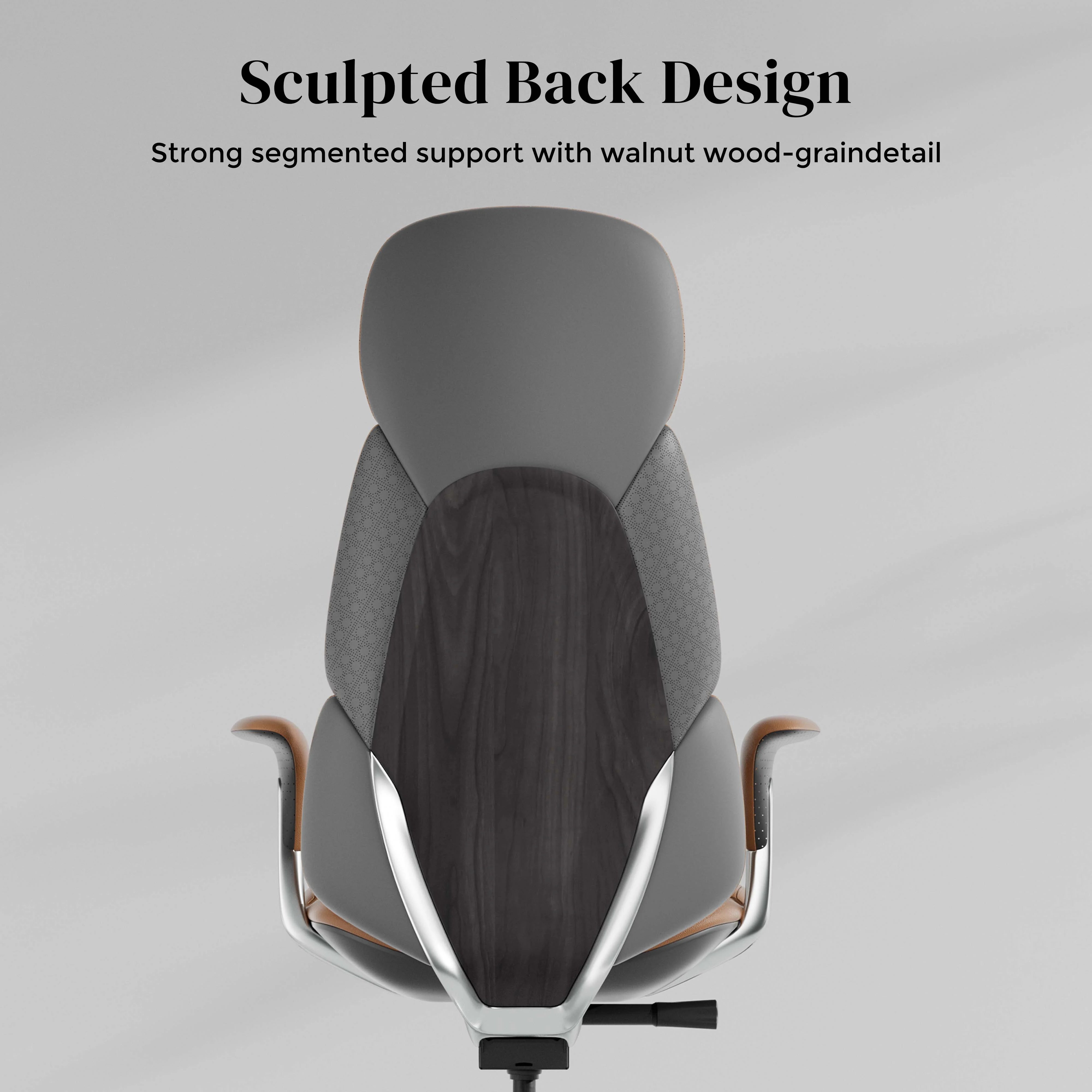 Nolan leather office chair with dark sculpted backrest, walnut-style trim, and curved armrests