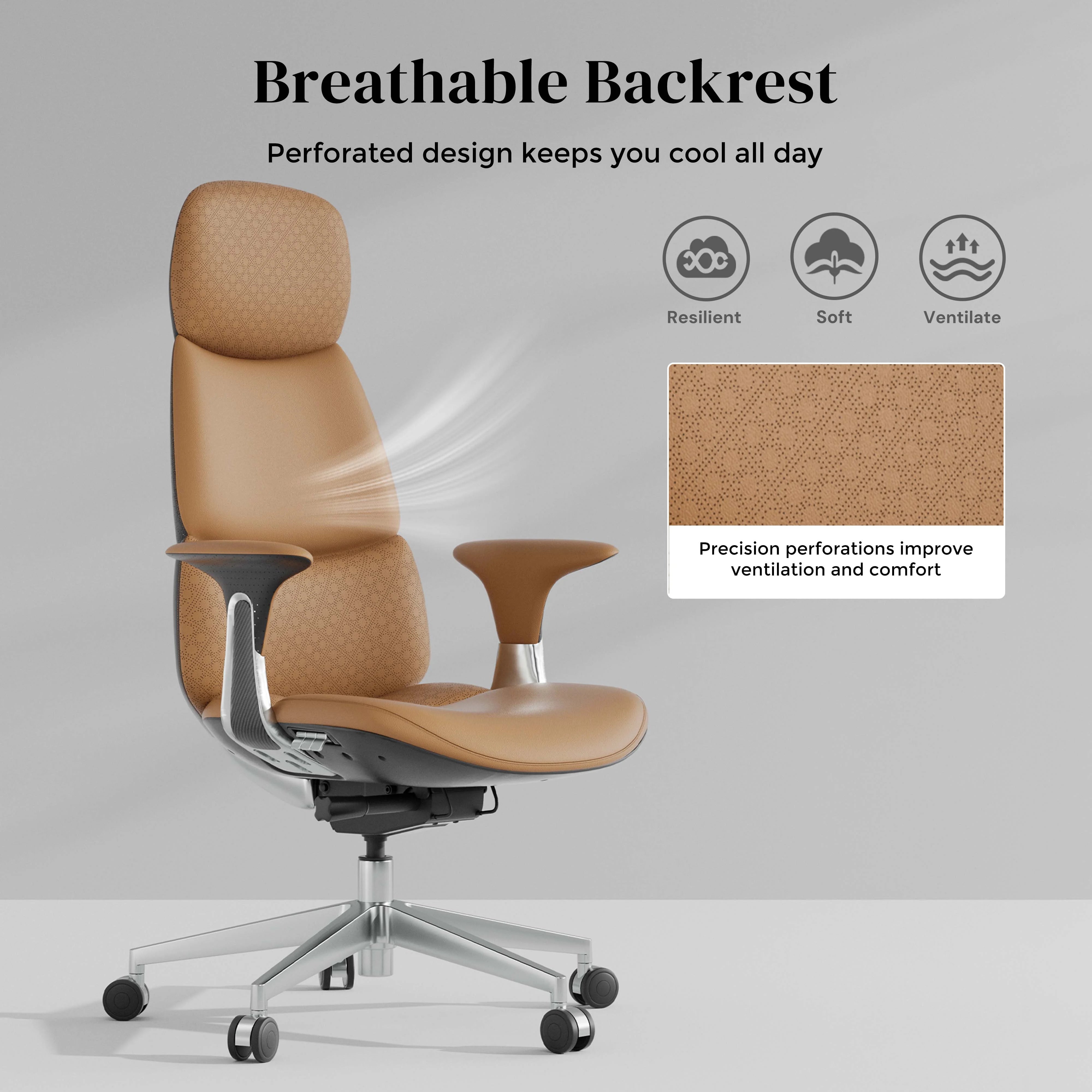 Tan leather office chair with breathable perforated backrest and padded armrests