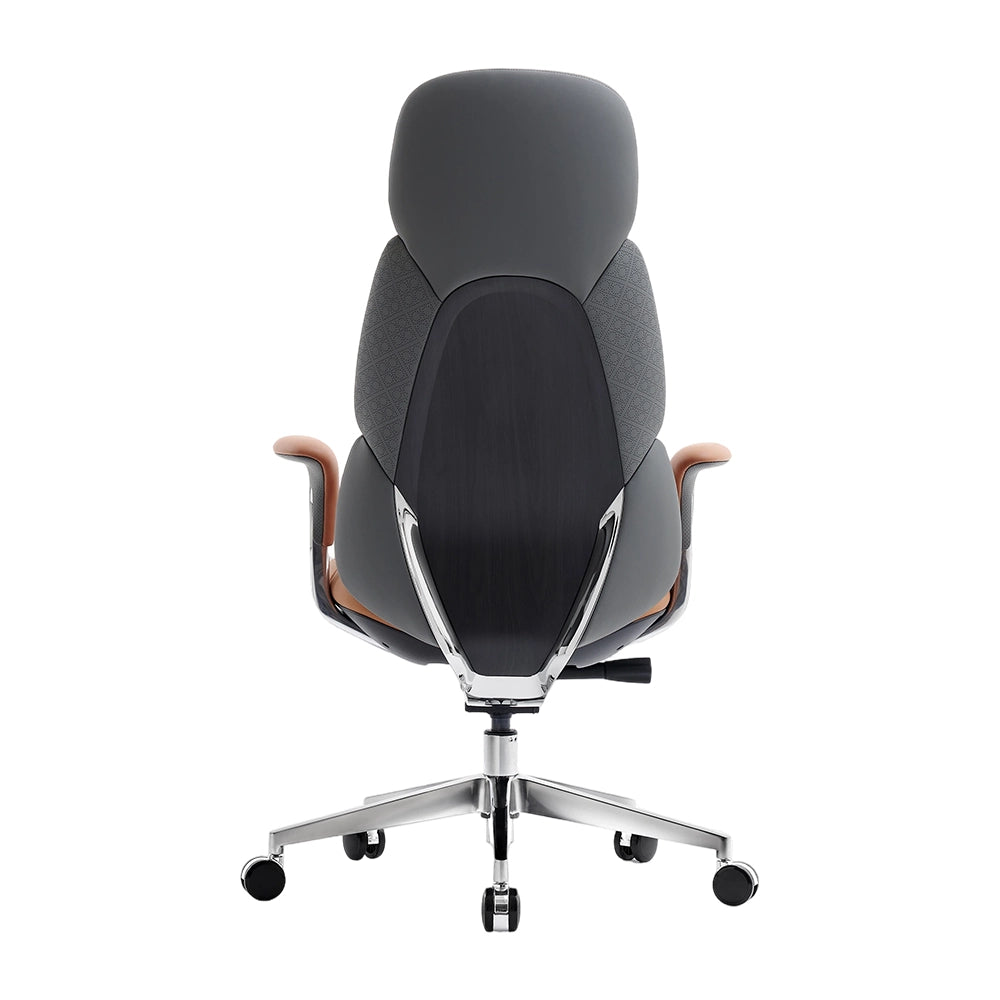 Dark leather office chair with headrest, black inner back, curved arms, rolling chrome base