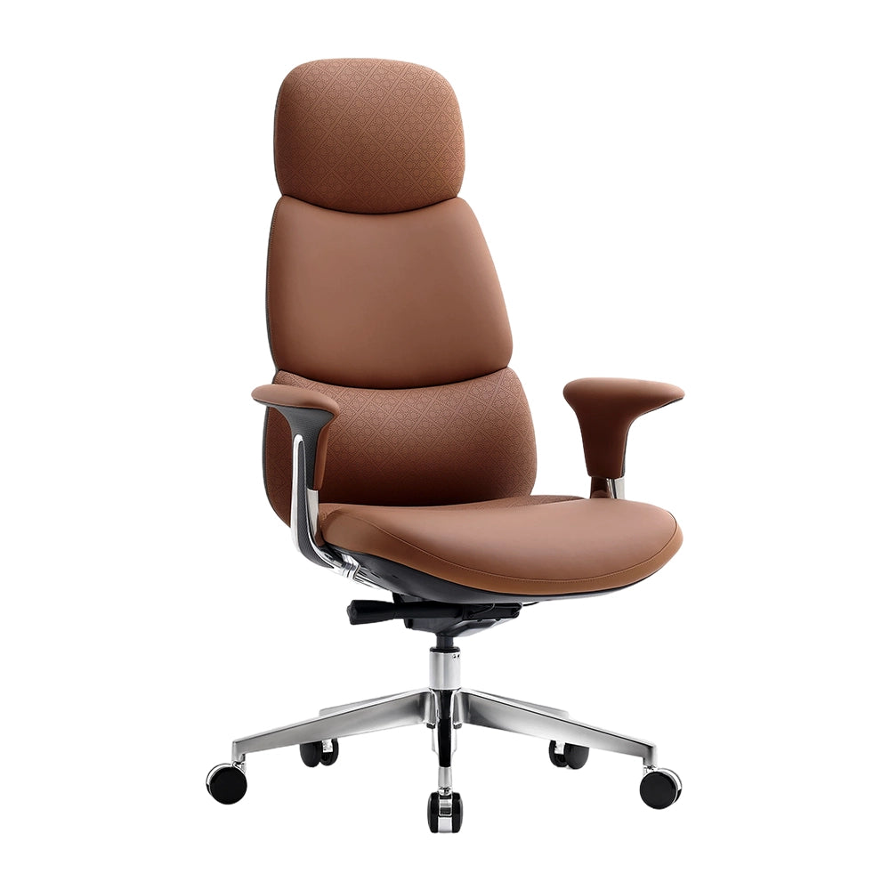 Brown leather office chair, three-quarter view with headrest, textured back, curved seat, chrome base