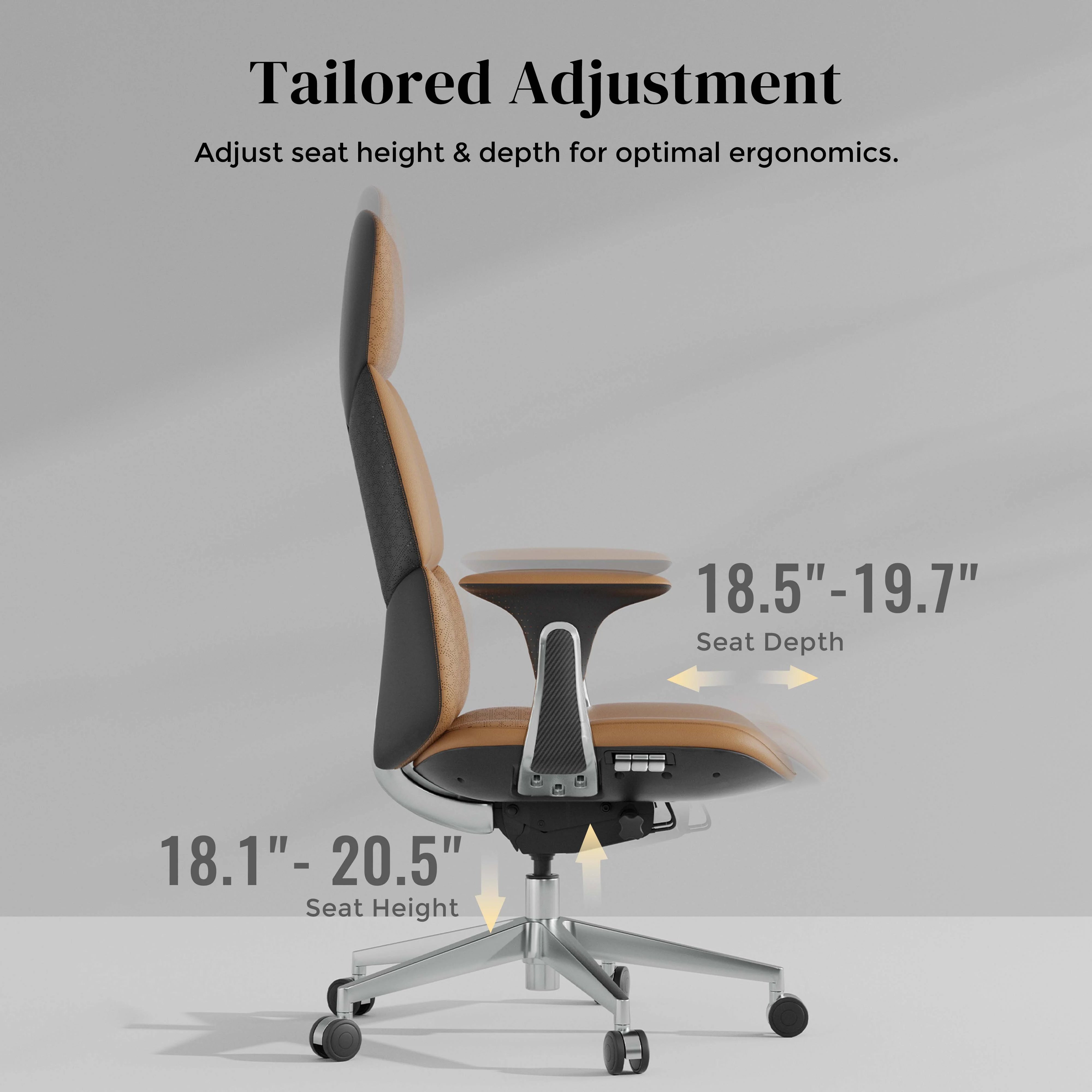 Tan leather office chair with adjustable seat height and depth mechanism