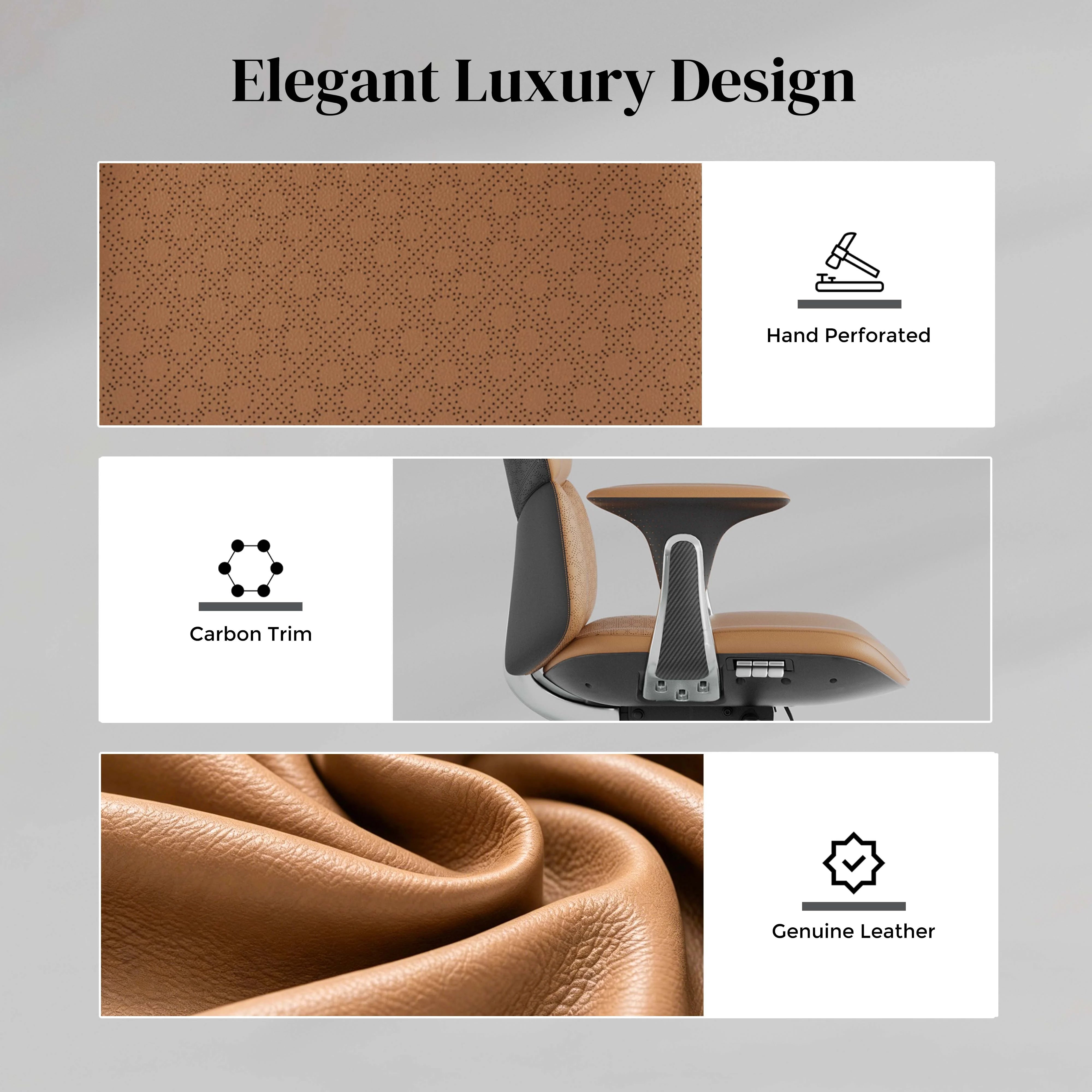 Tan leather office chair with perforated upholstery and carbon trim detailing