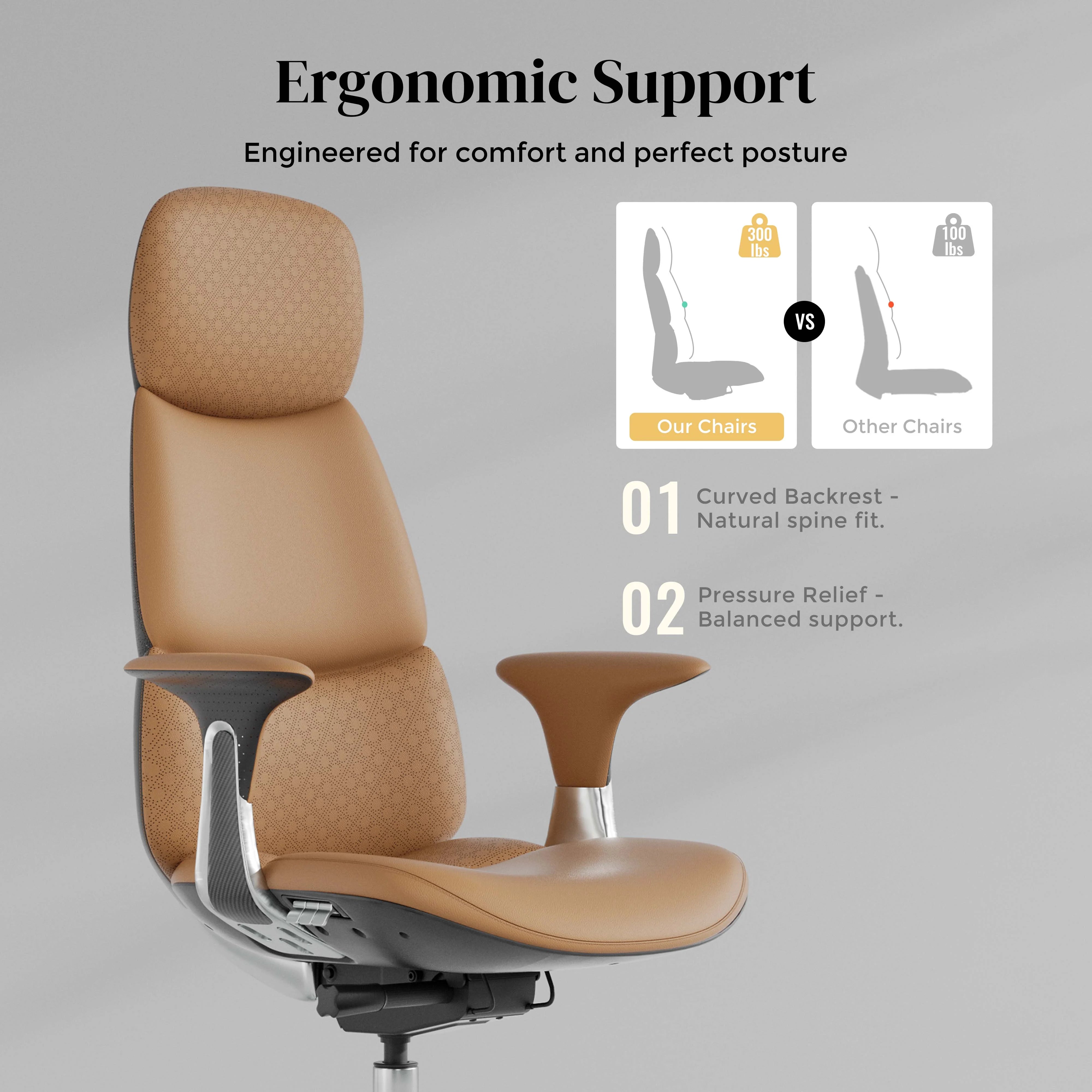 Tan leather office chair with contoured backrest, padded seat, and arm support