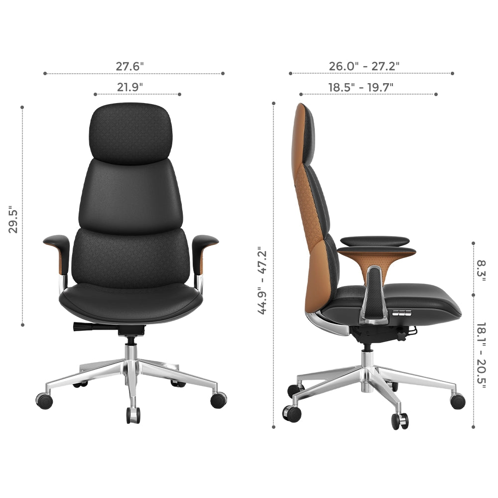 Nyla leather chair in dark gray/black with rounded backrest and armrests on swivel base
