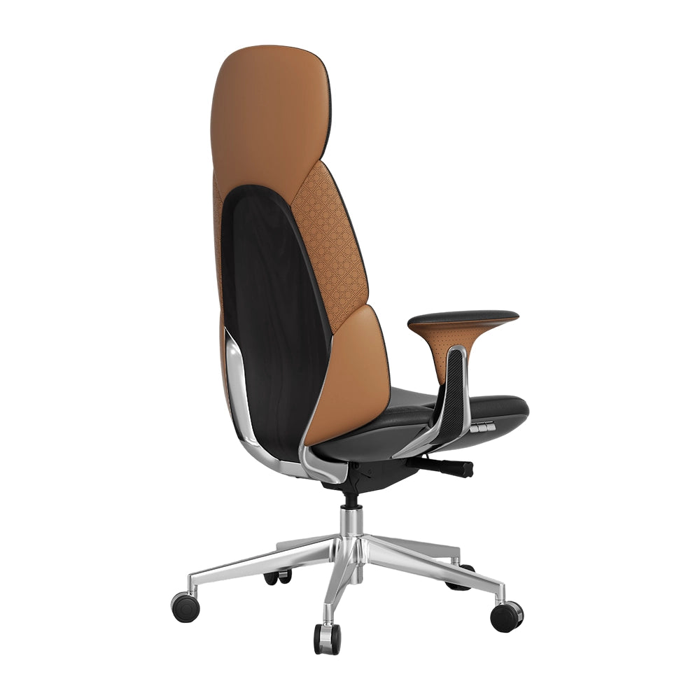 Tan and black office chair with padded headrest, side panels, and chrome base with casters