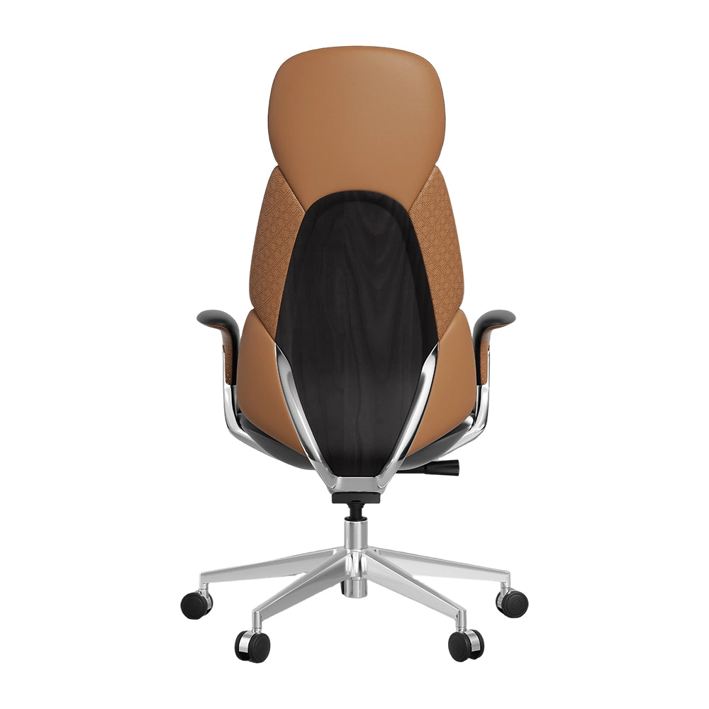 Tan office chair with padded headrest, black lumbar panel, and chrome base with casters