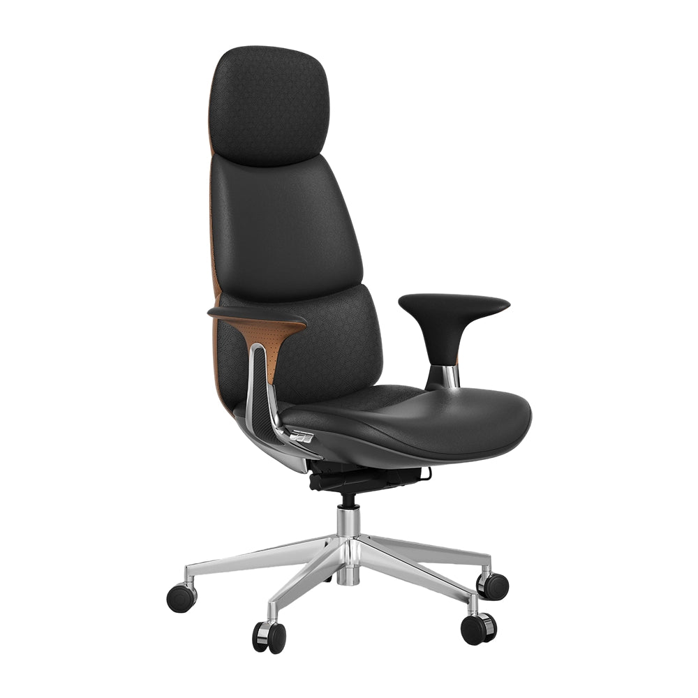 Black office chair with padded headrest, armrests, and chrome base with rolling casters