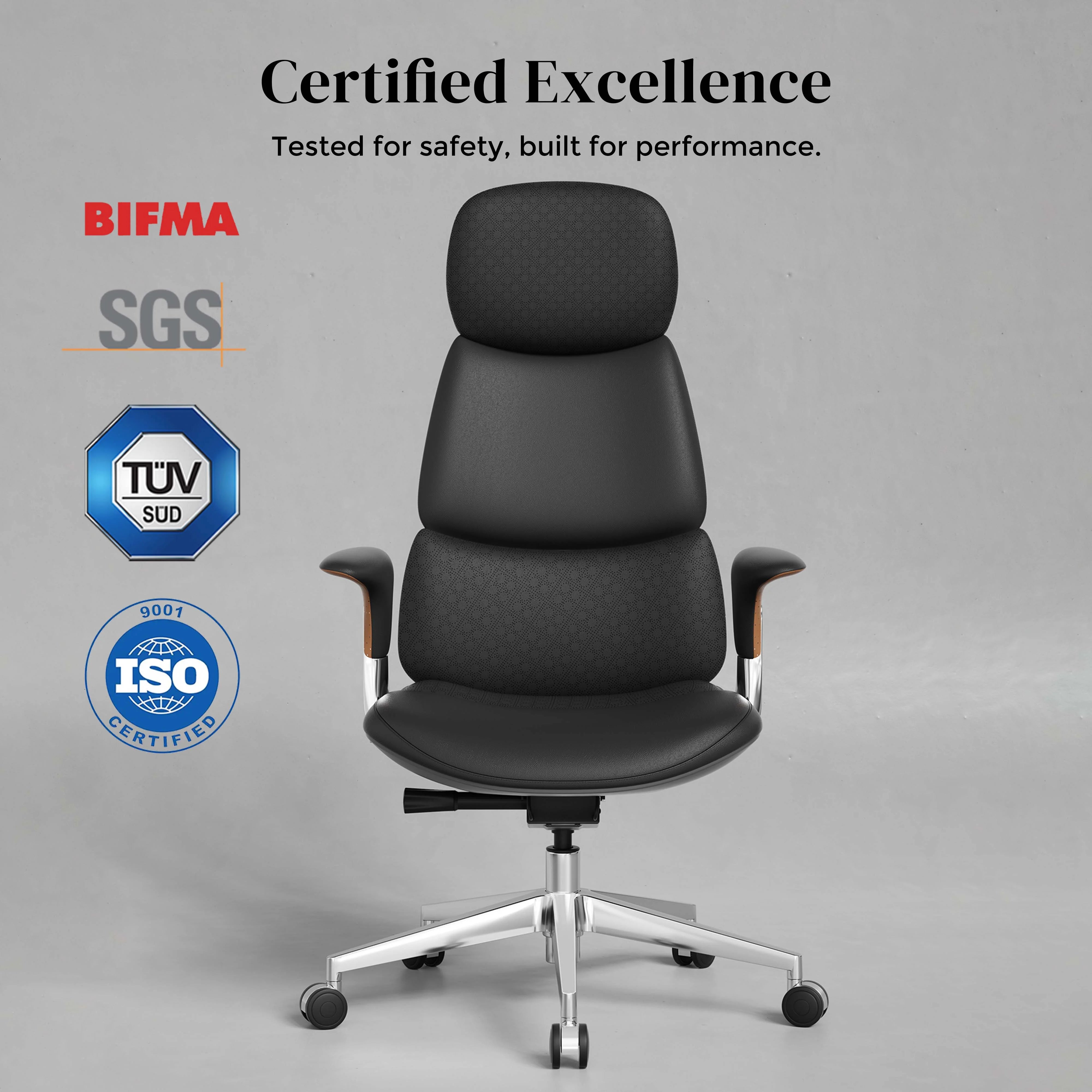 Black leather office chair with padded back and seat and silver wheeled base