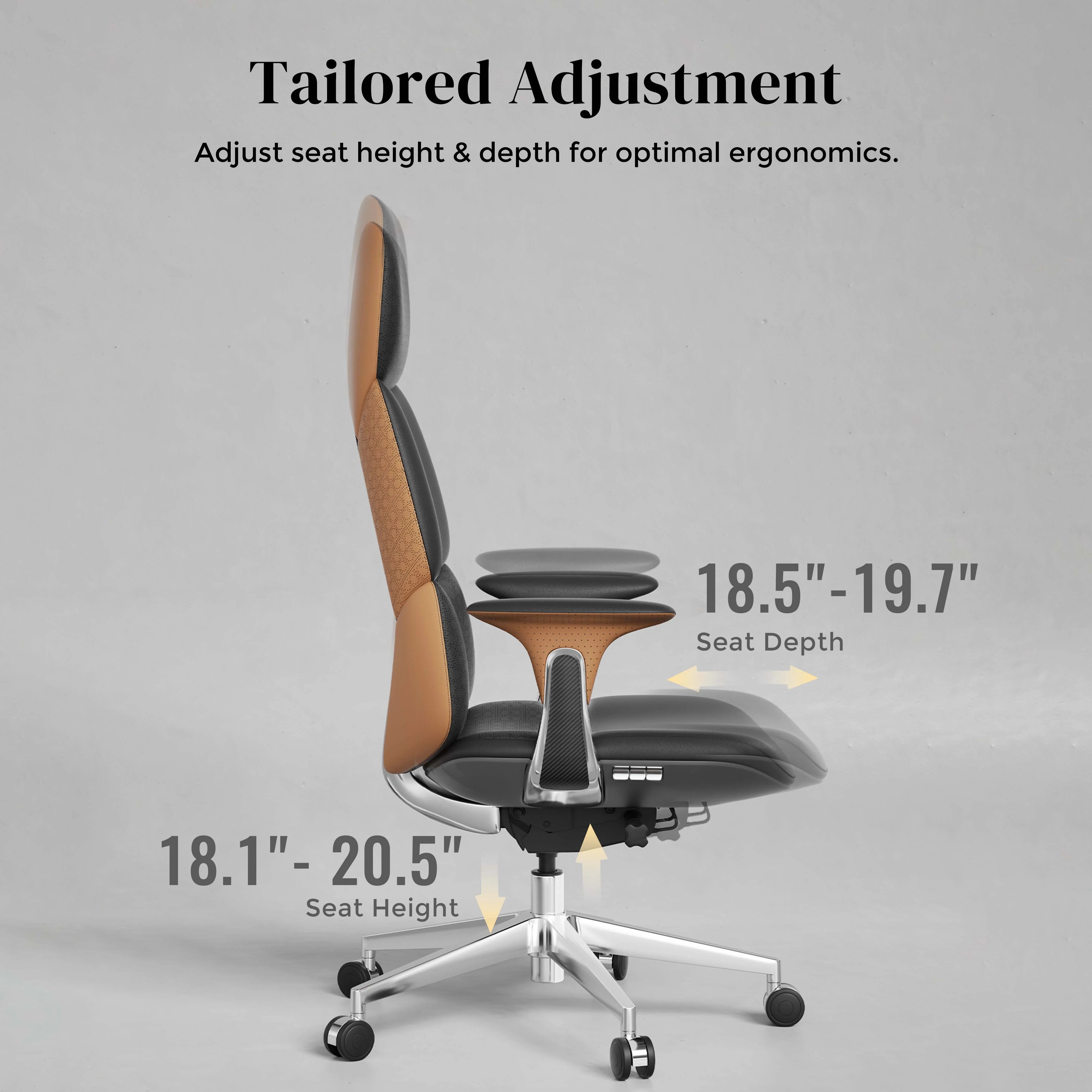 Leather office chair with orange-brown side panels, gray seat, and height-adjust base