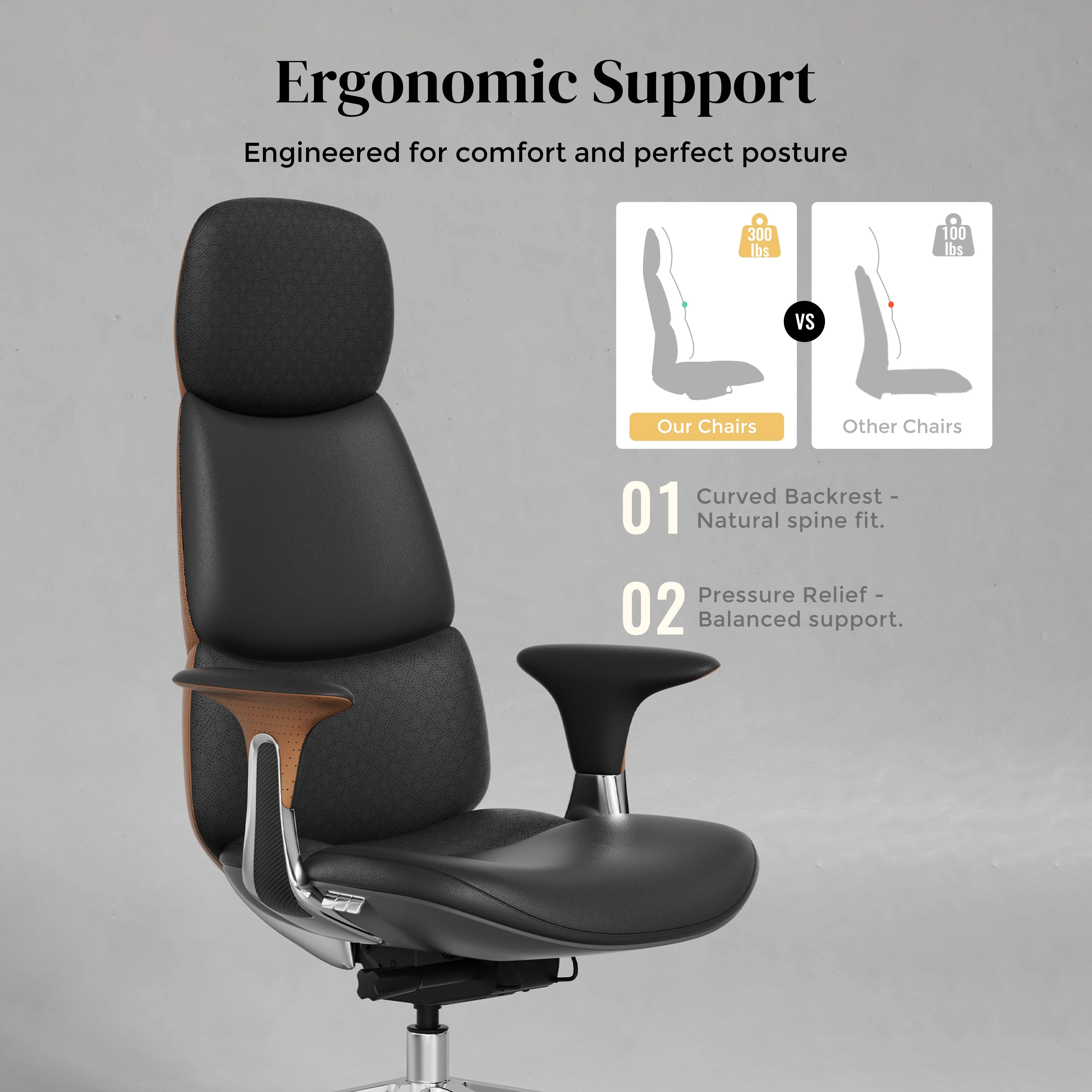Black leather office chair with curved backrest and wood-trim support beside armrests