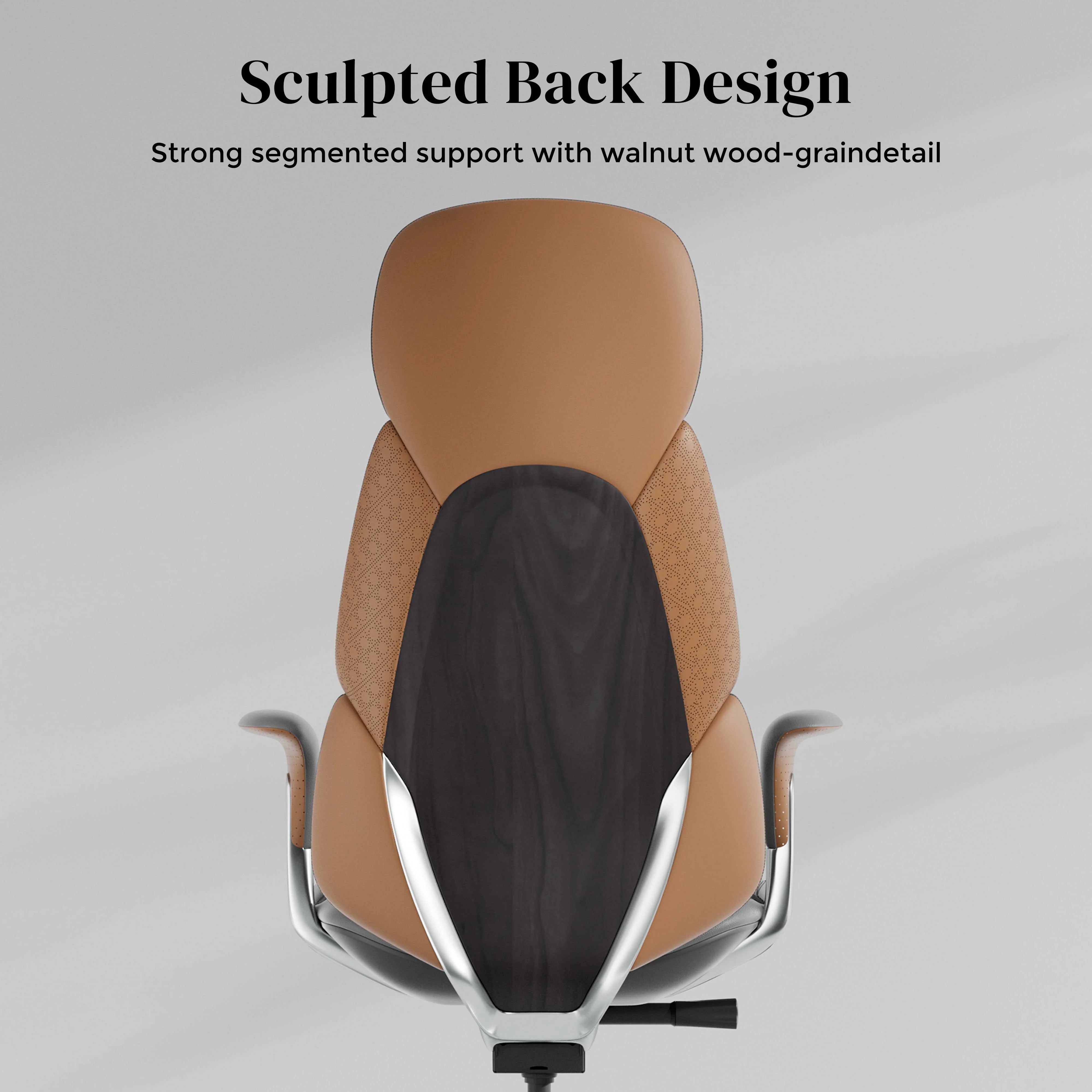 Tan office chair with dark back panel and sculpted backrest, on chrome base with casters