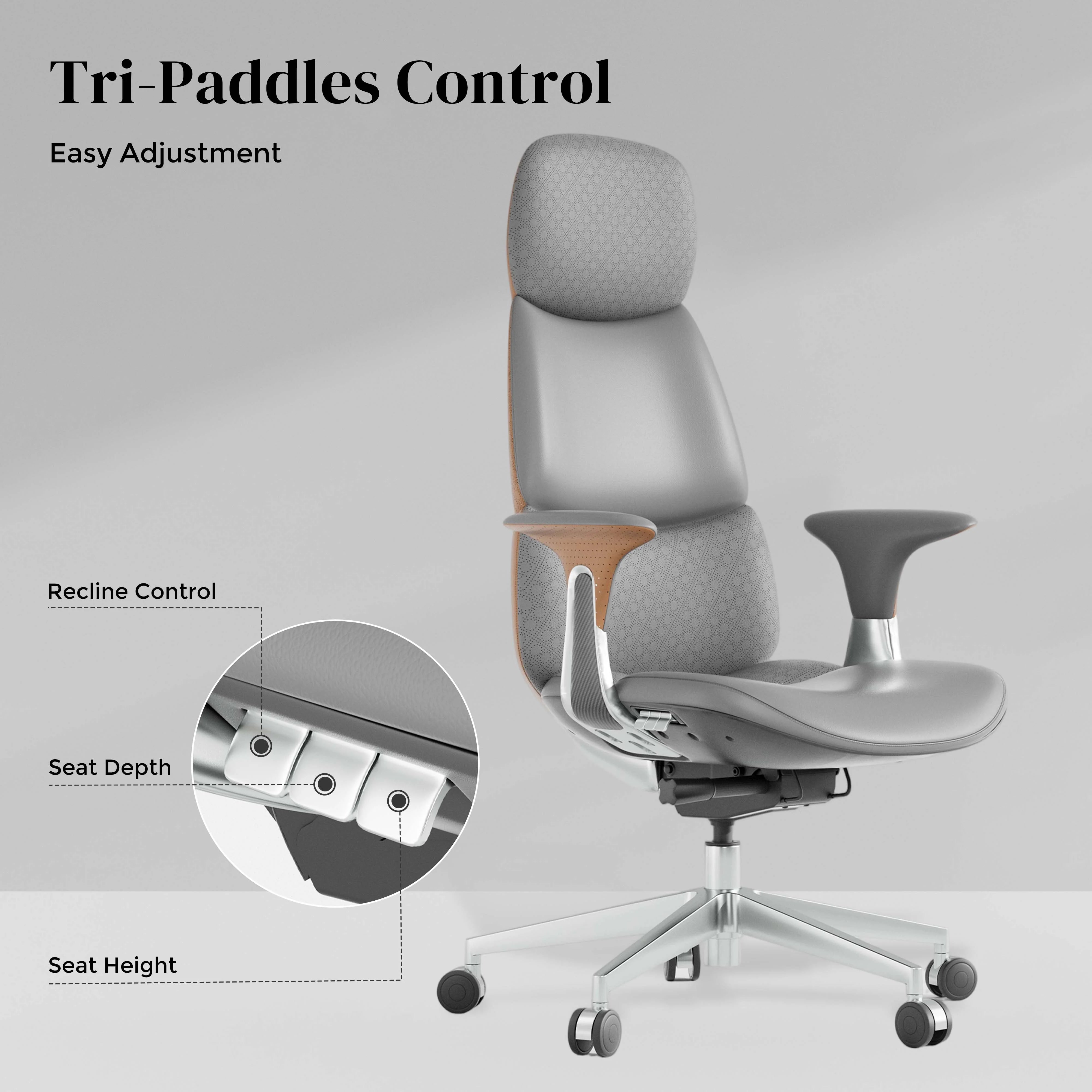 Gray leather office chair with arched back, curved armrest, and wheeled pedestal base