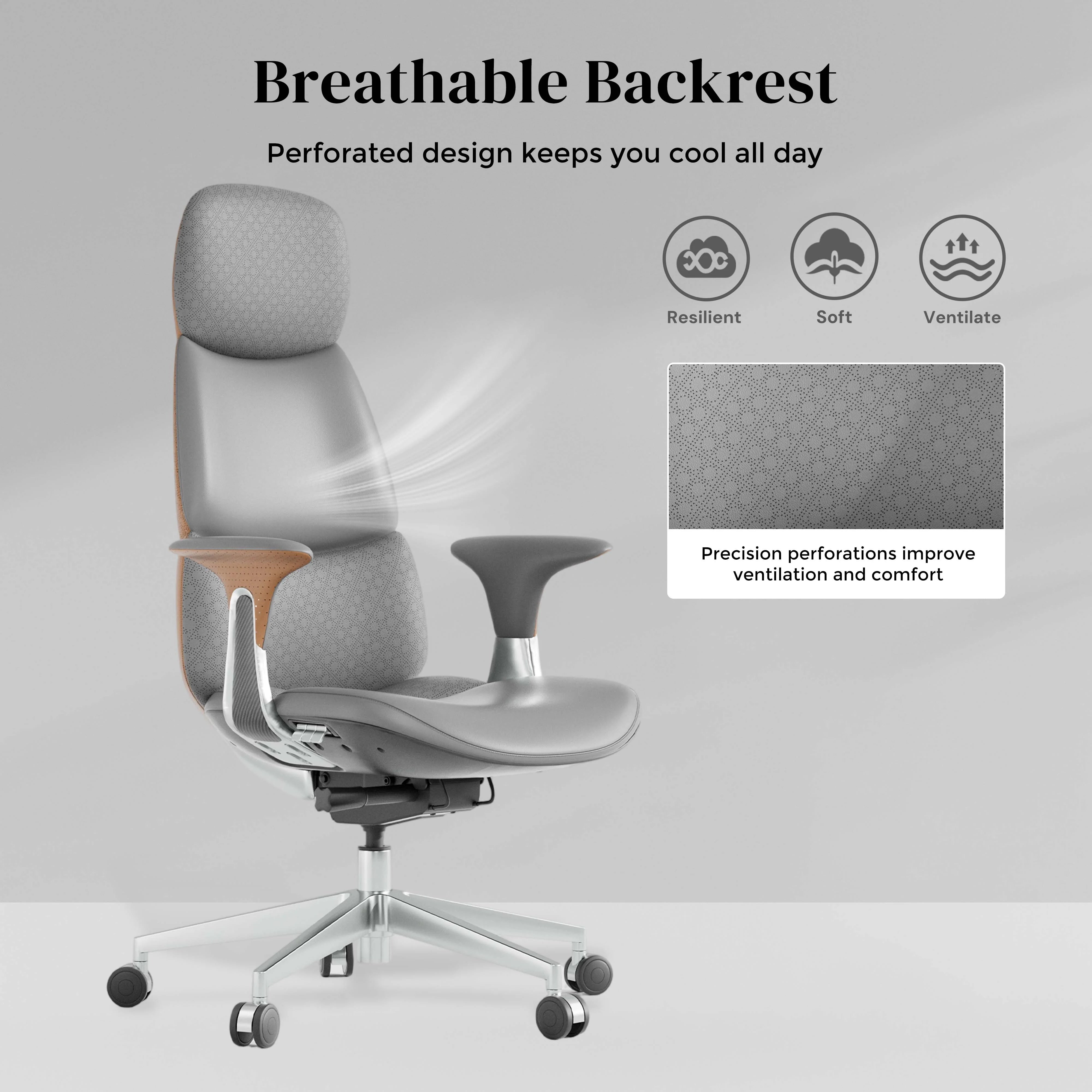 Light gray office chair with breathable perforated backrest and curved seat on chrome base