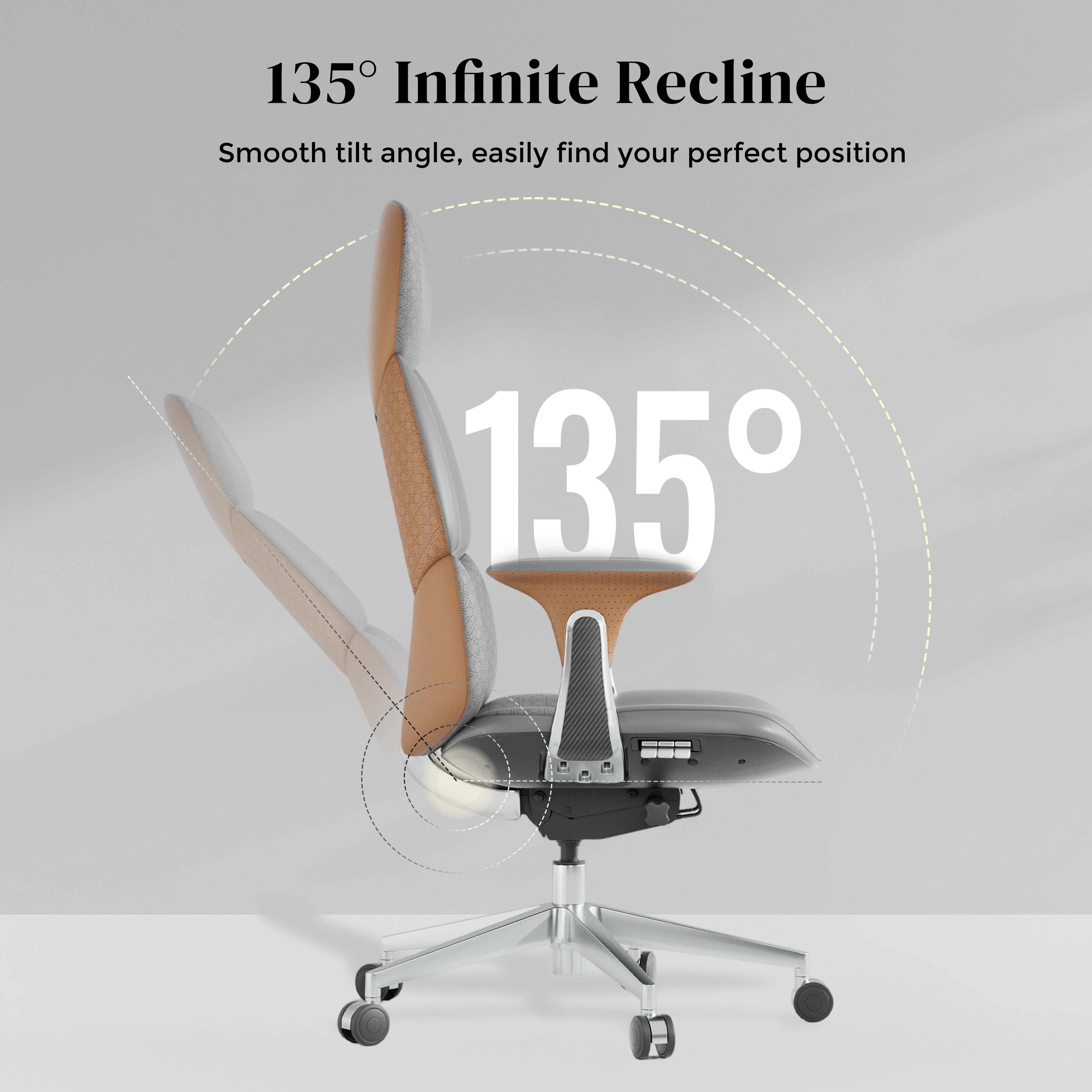 Leather office chair in reclined position with padded backrest and caster swivel base