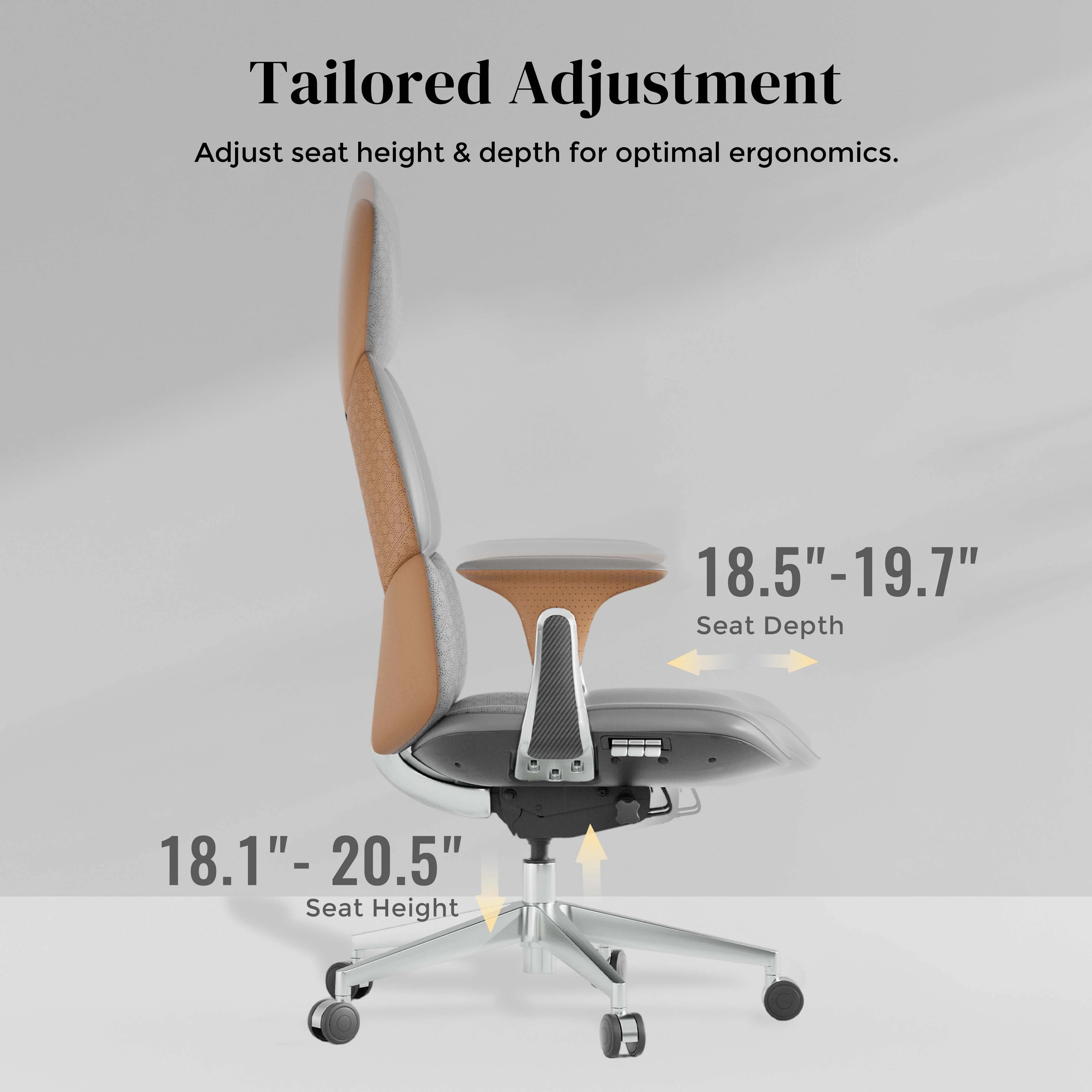 Leather office chair showing seat height and depth adjustment, padded seat and swivel base