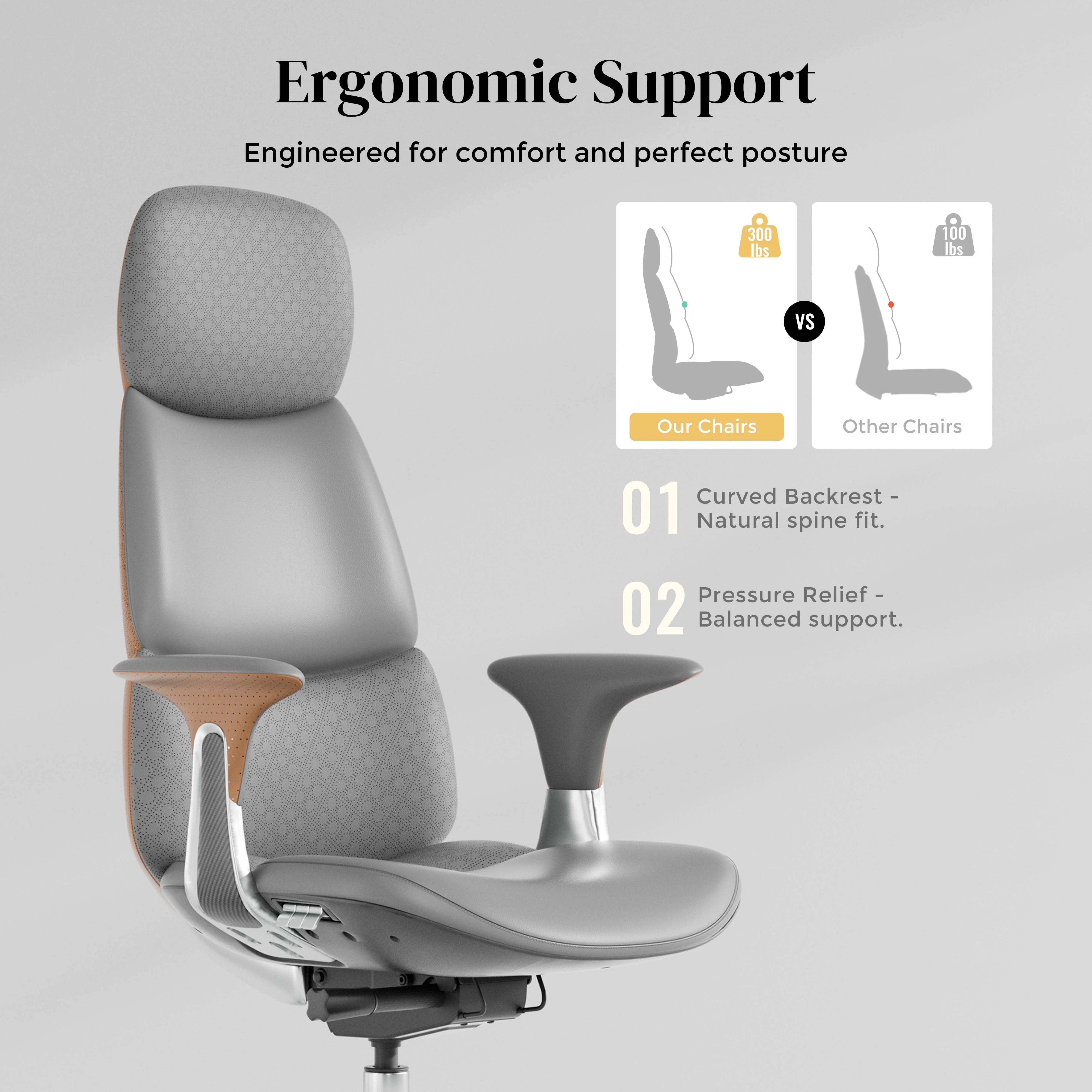 Gray leather office chair with contoured backrest, curved armrest, and adjustable seat
