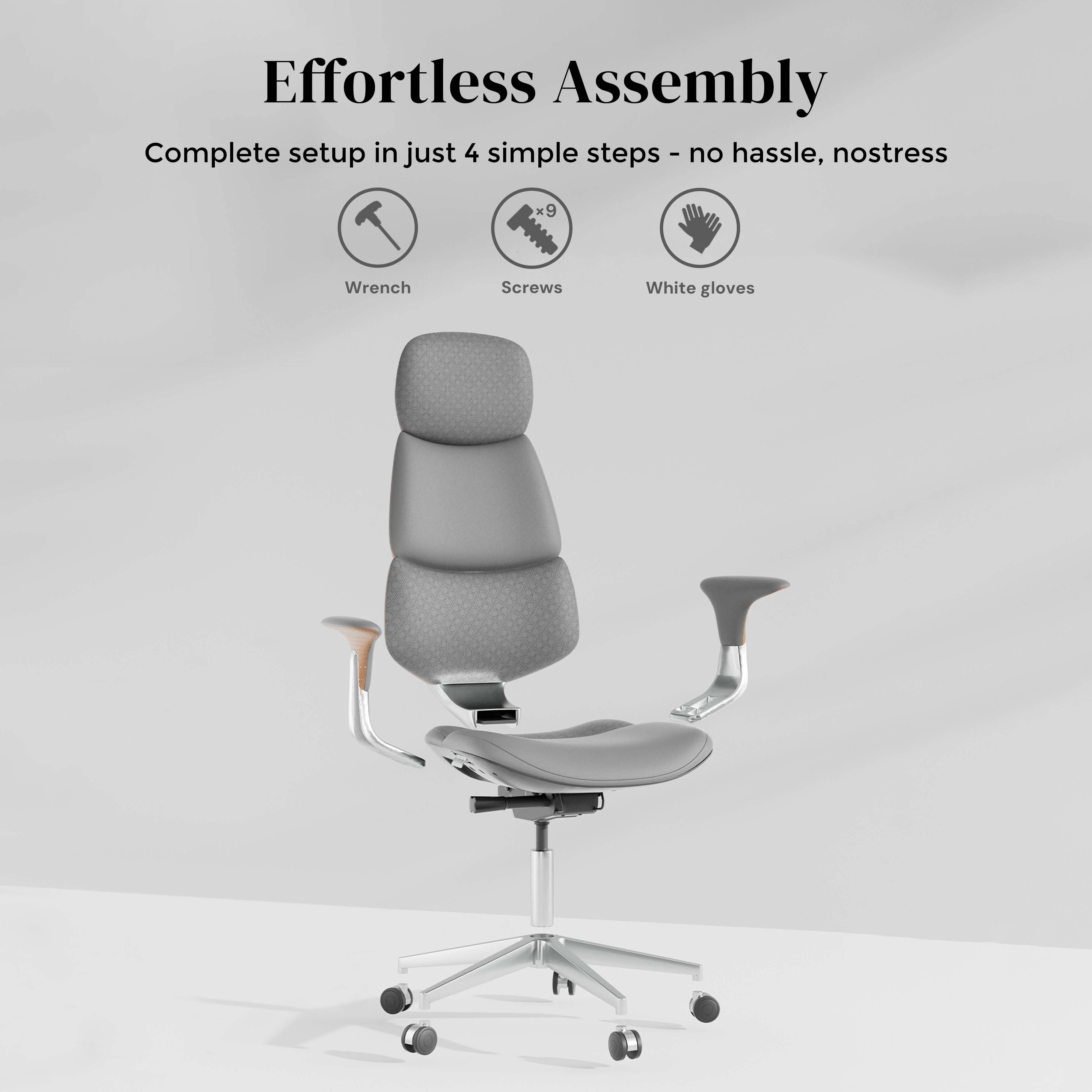 Gray leather office chair with padded back, seat controls, and caster swivel base