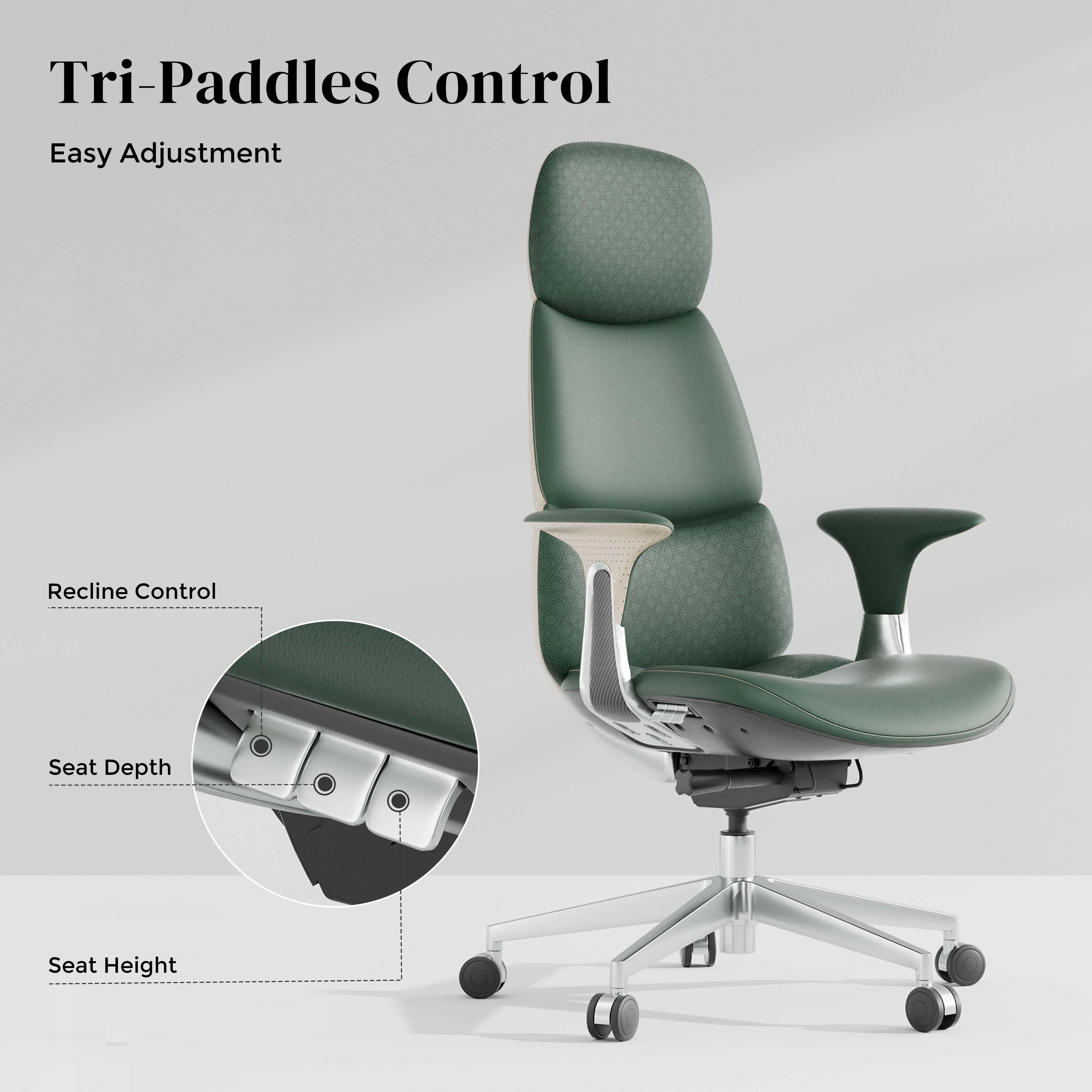 Green leather office chair with tall backrest, curved seat, and tri-paddle adjustment controls