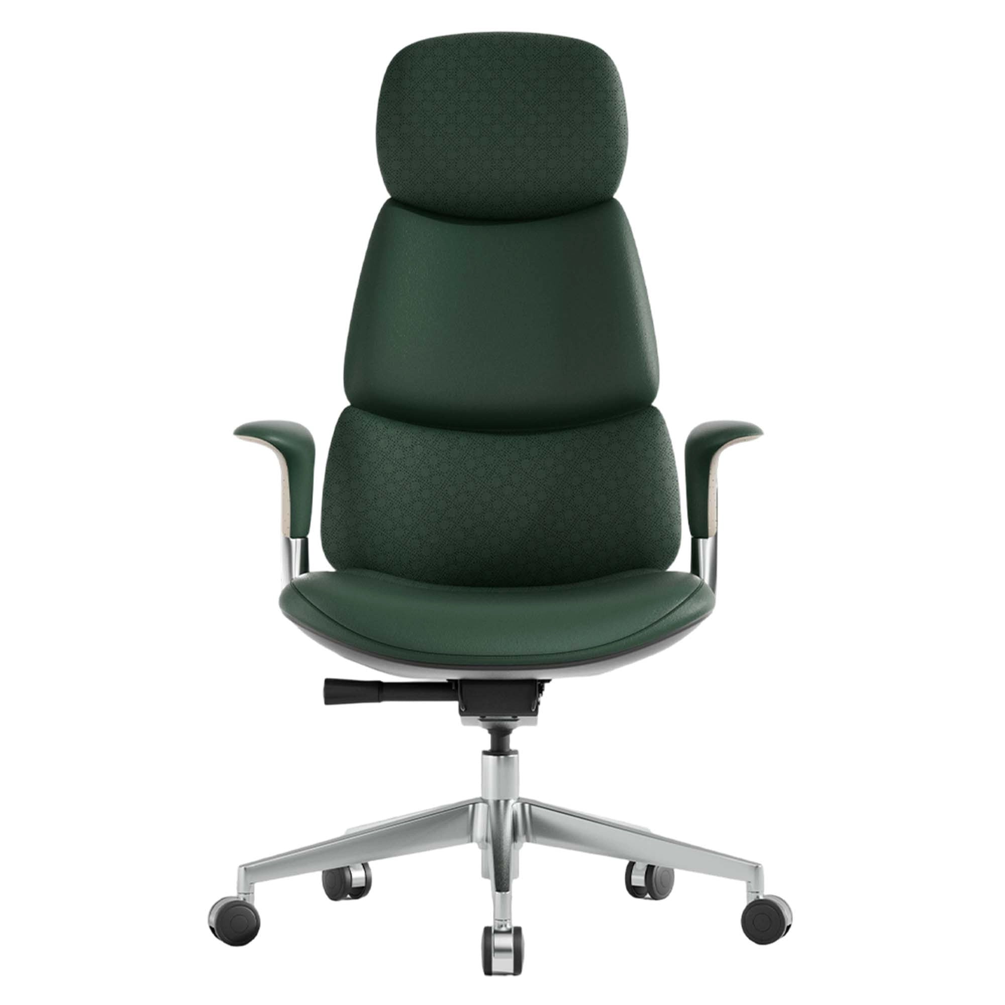 Dark green office chair with padded headrest, armrests, and chrome base with casters
