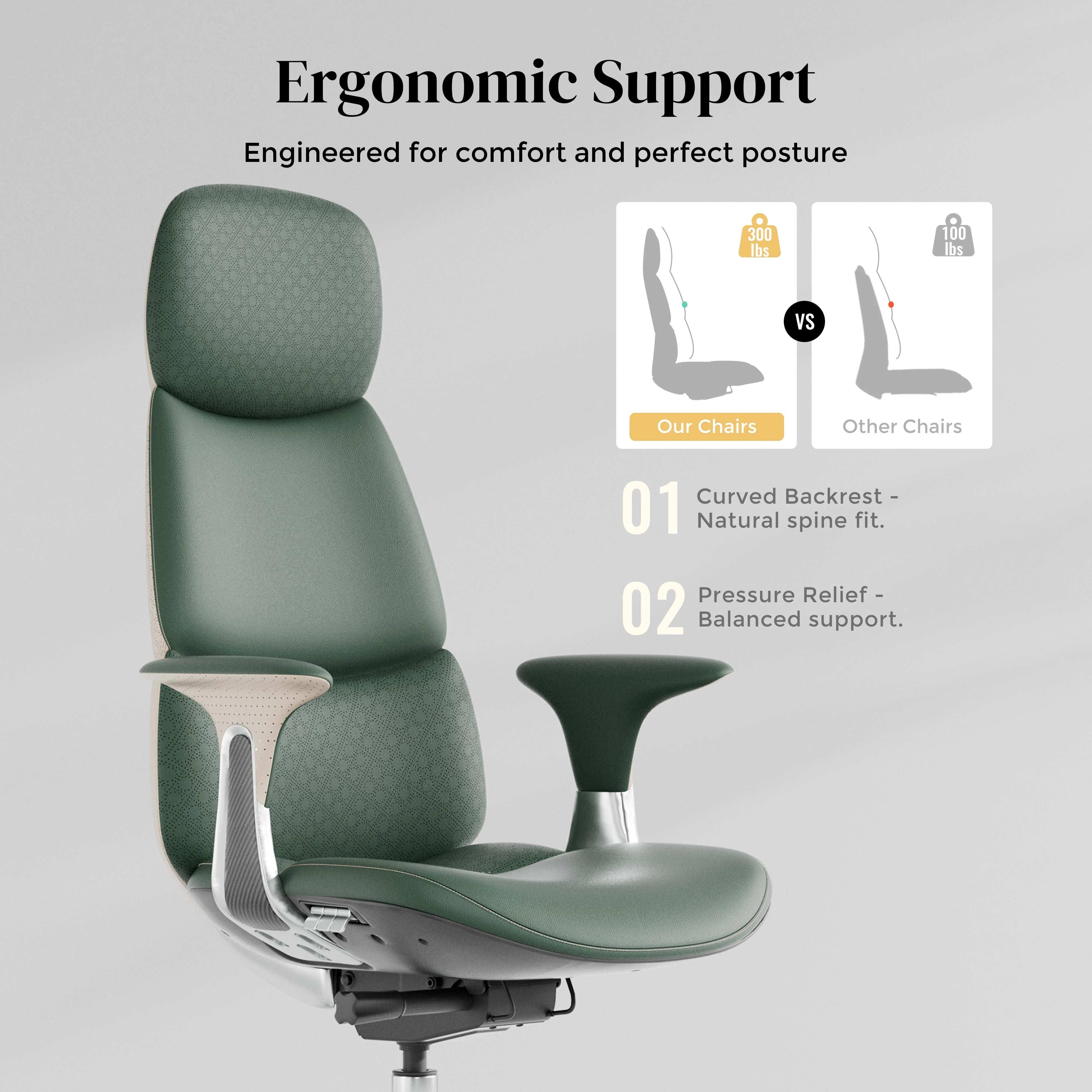 Green leather ergonomic office chair with curved backrest and padded armrests
