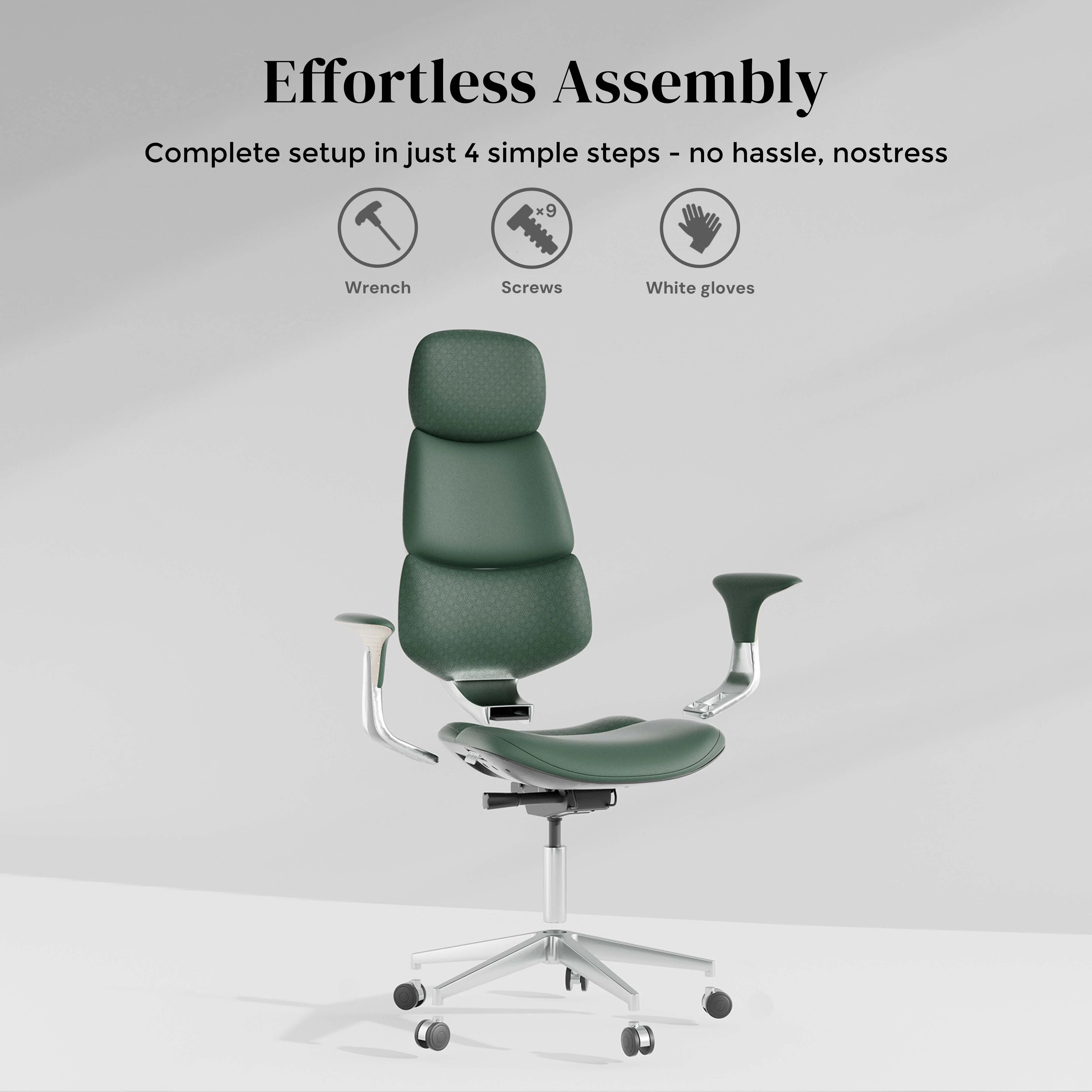 Green leather office chair with contoured back, curved armrests, and rolling star base
