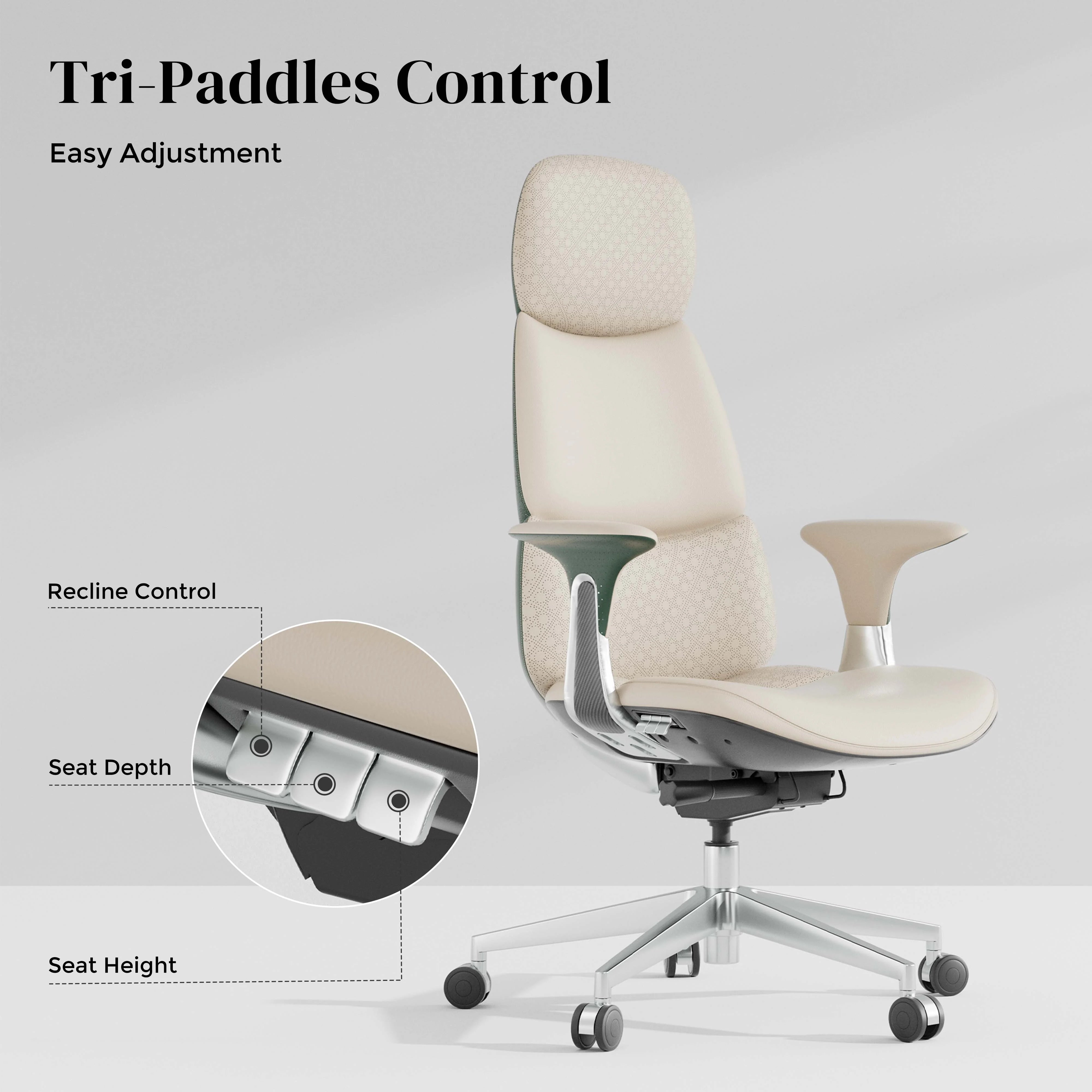 Cream office chair with three-control recline system and chrome base with casters