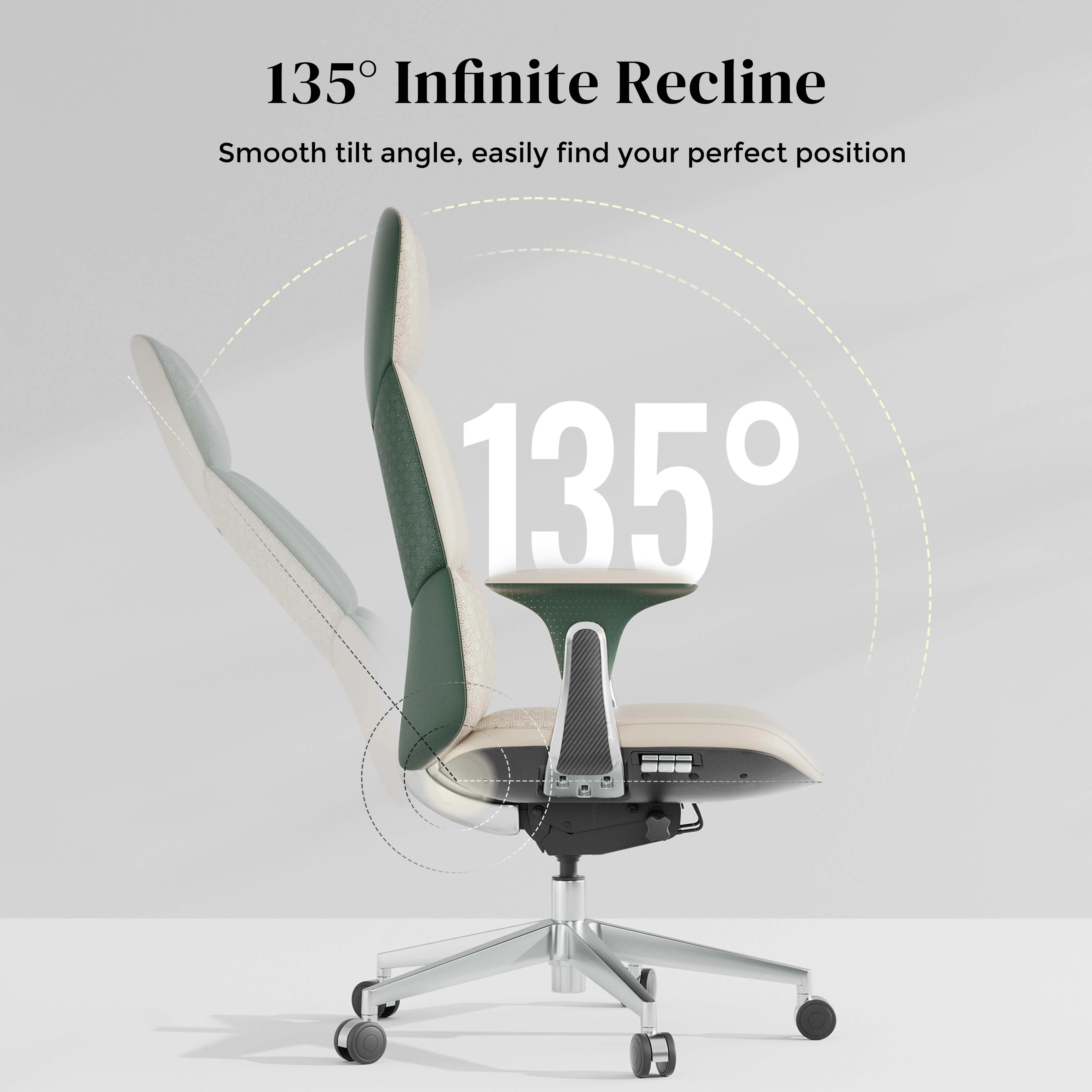 Green office chair tilted back at an angle with chrome base and casters