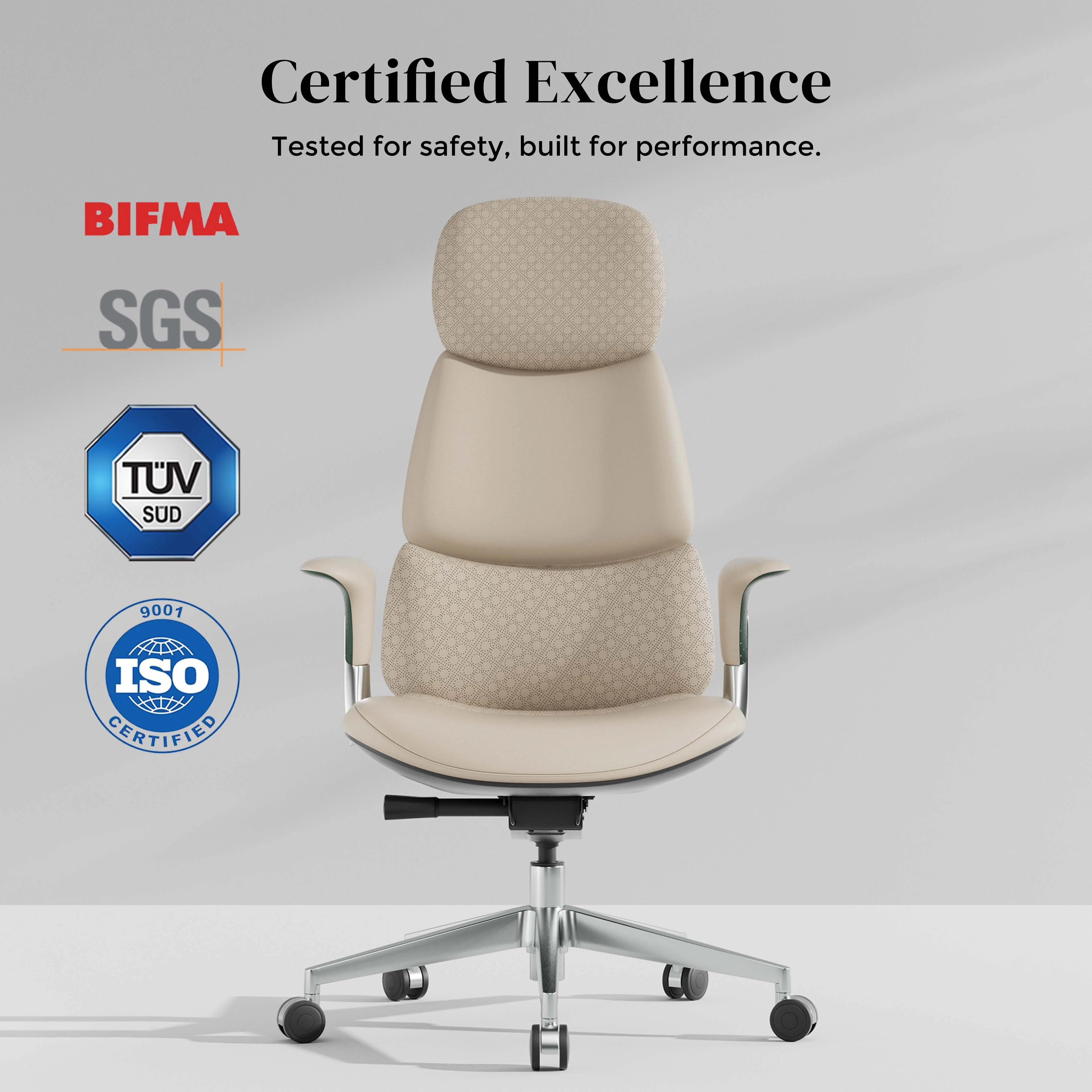 Beige leather office chair with padded head and seat back and silver wheeled base