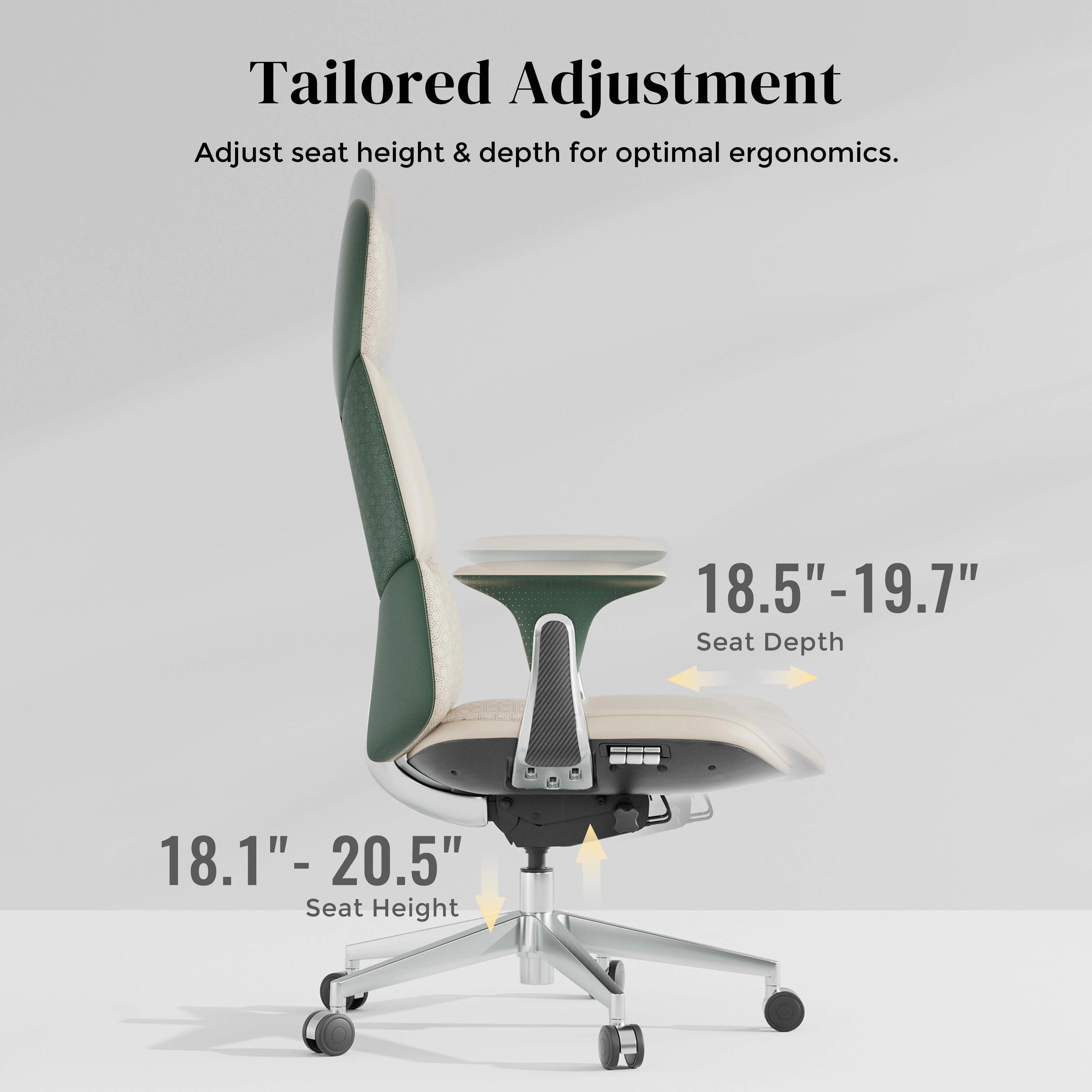 Green and cream office chair with adjustable seat height and recline controls on chrome base