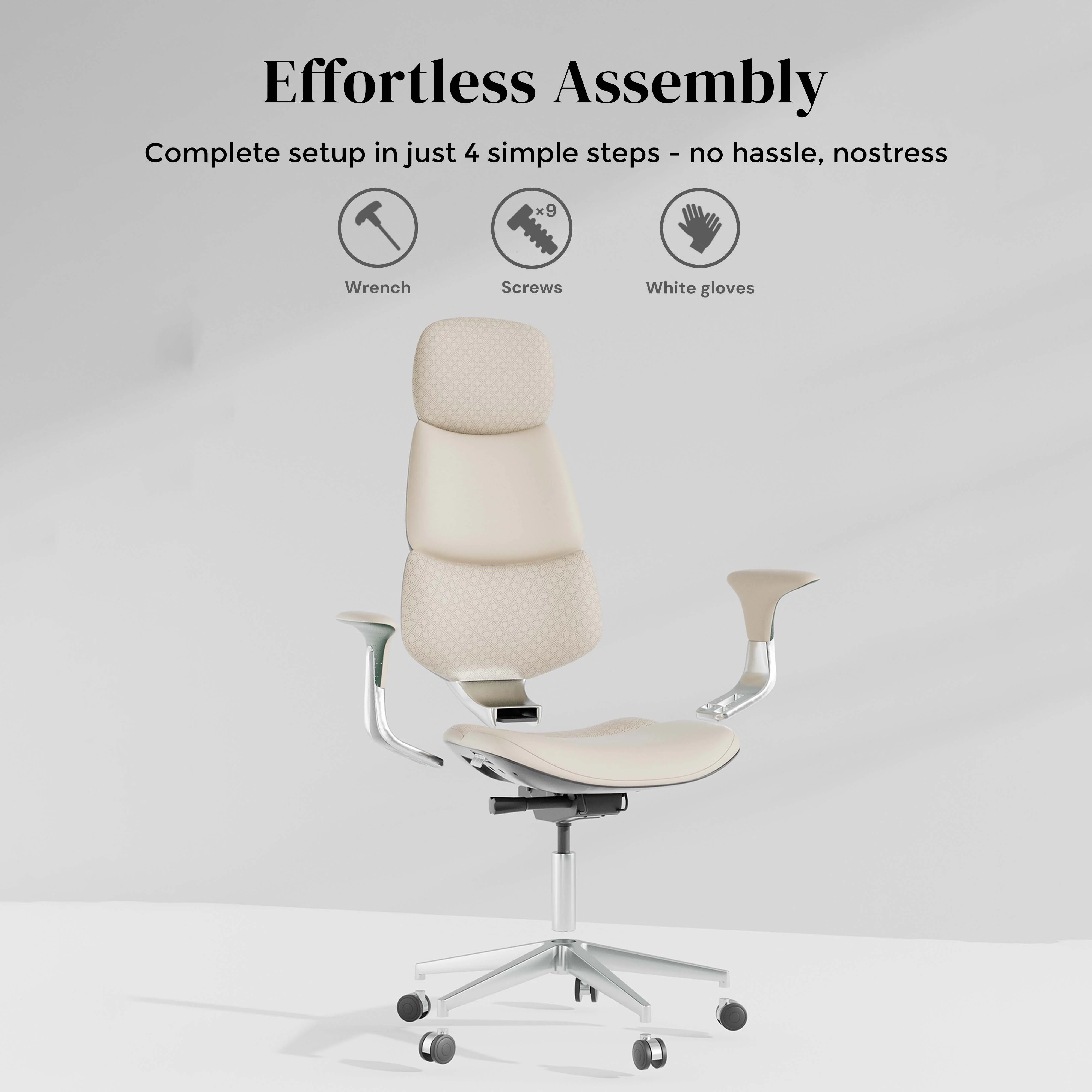 Cream office chair at an angle showing adjustable recline base and casters