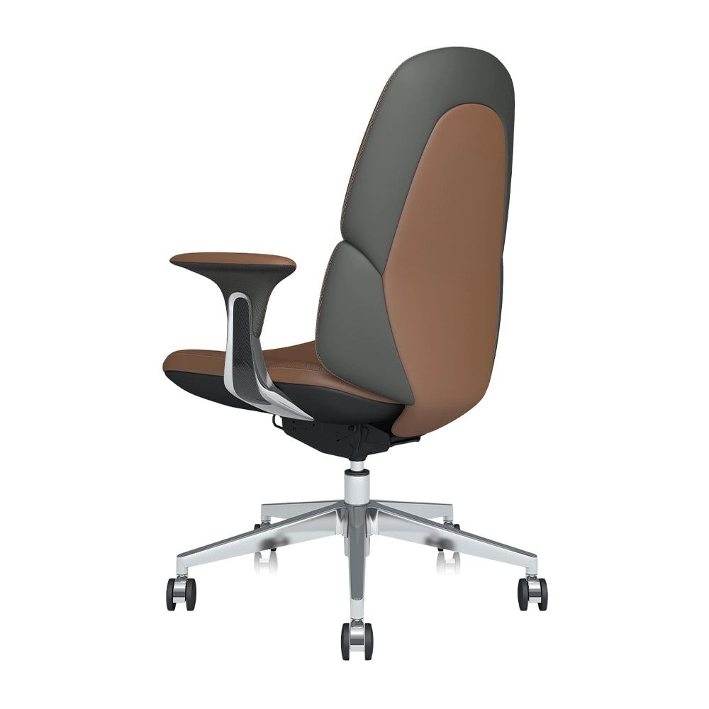 Dark gray mid-back leather office chair with armrests, swivel base, and casters