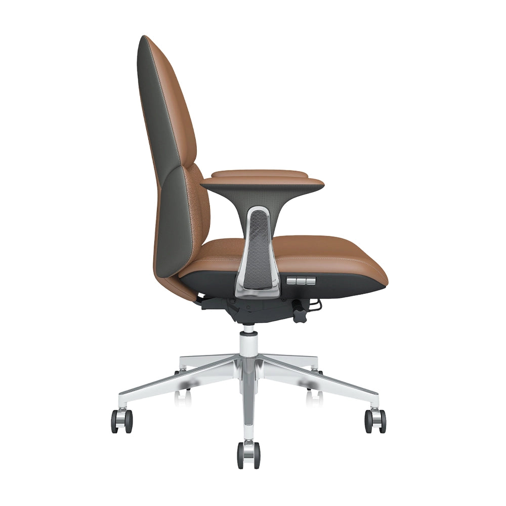 Burnt orange mid-back leather office chair with armrests, swivel base, and casters