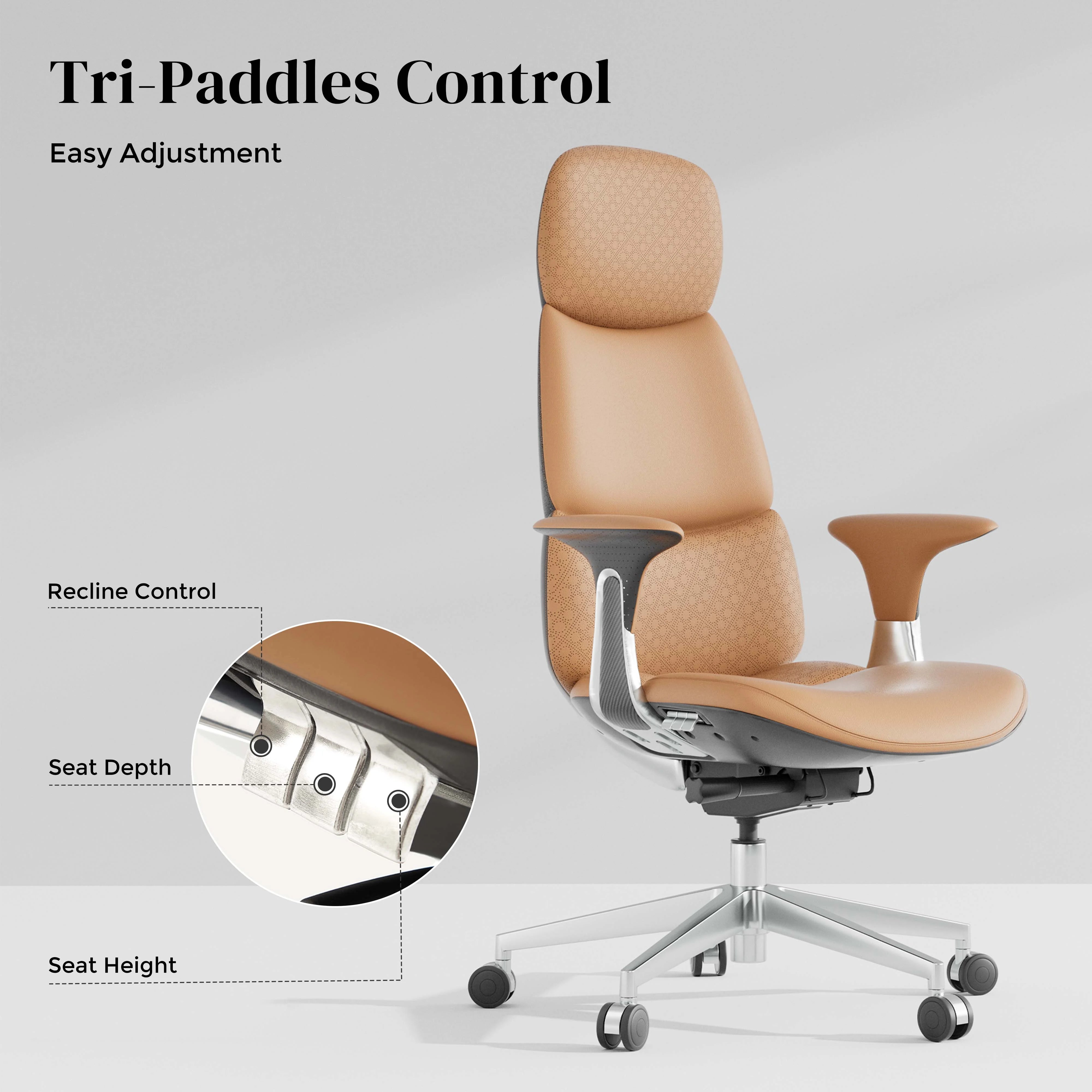 Leather office chair with recline control levers under the seat and padded backrest