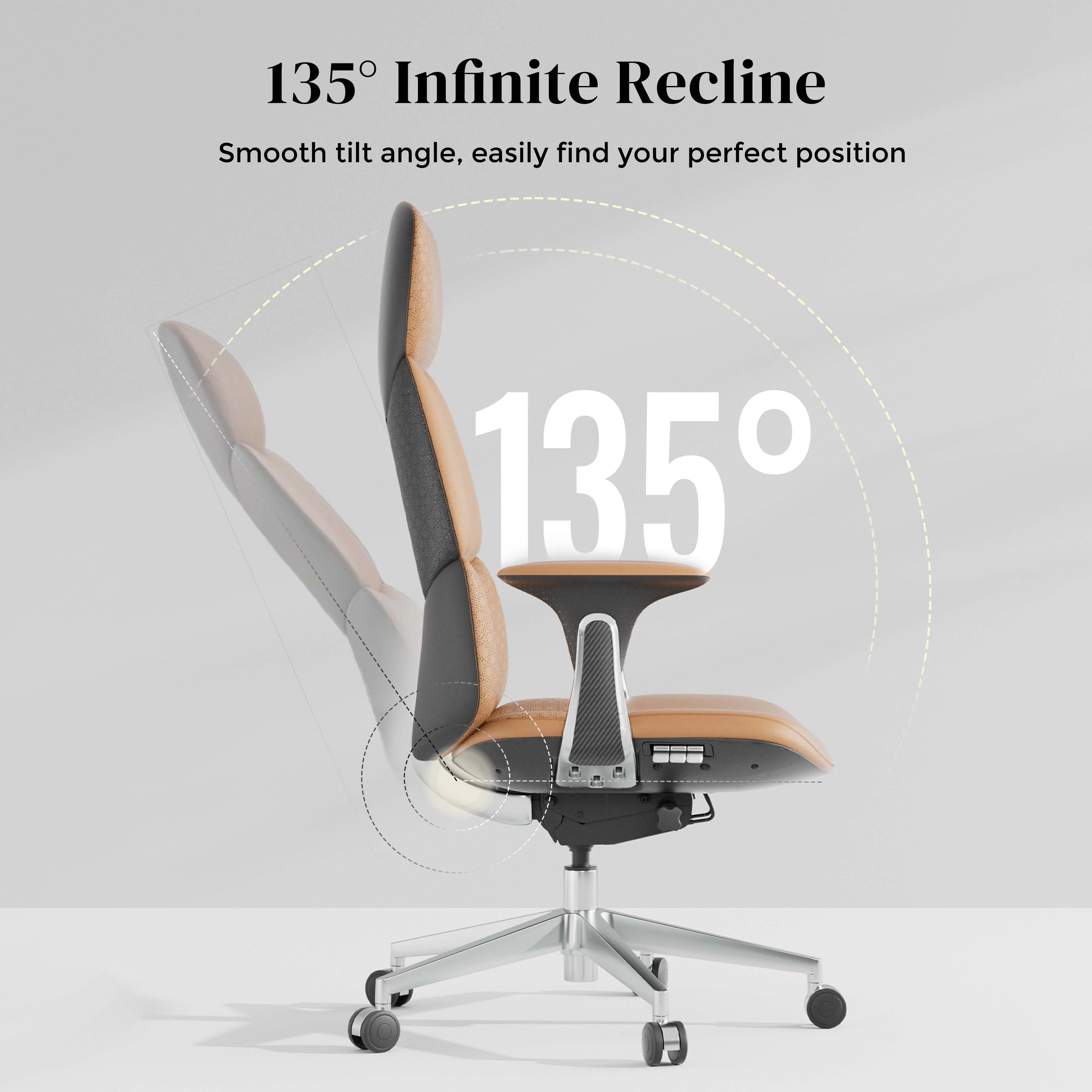 Leather office chair shown reclined with tilted seat and adjustable tilt mechanism