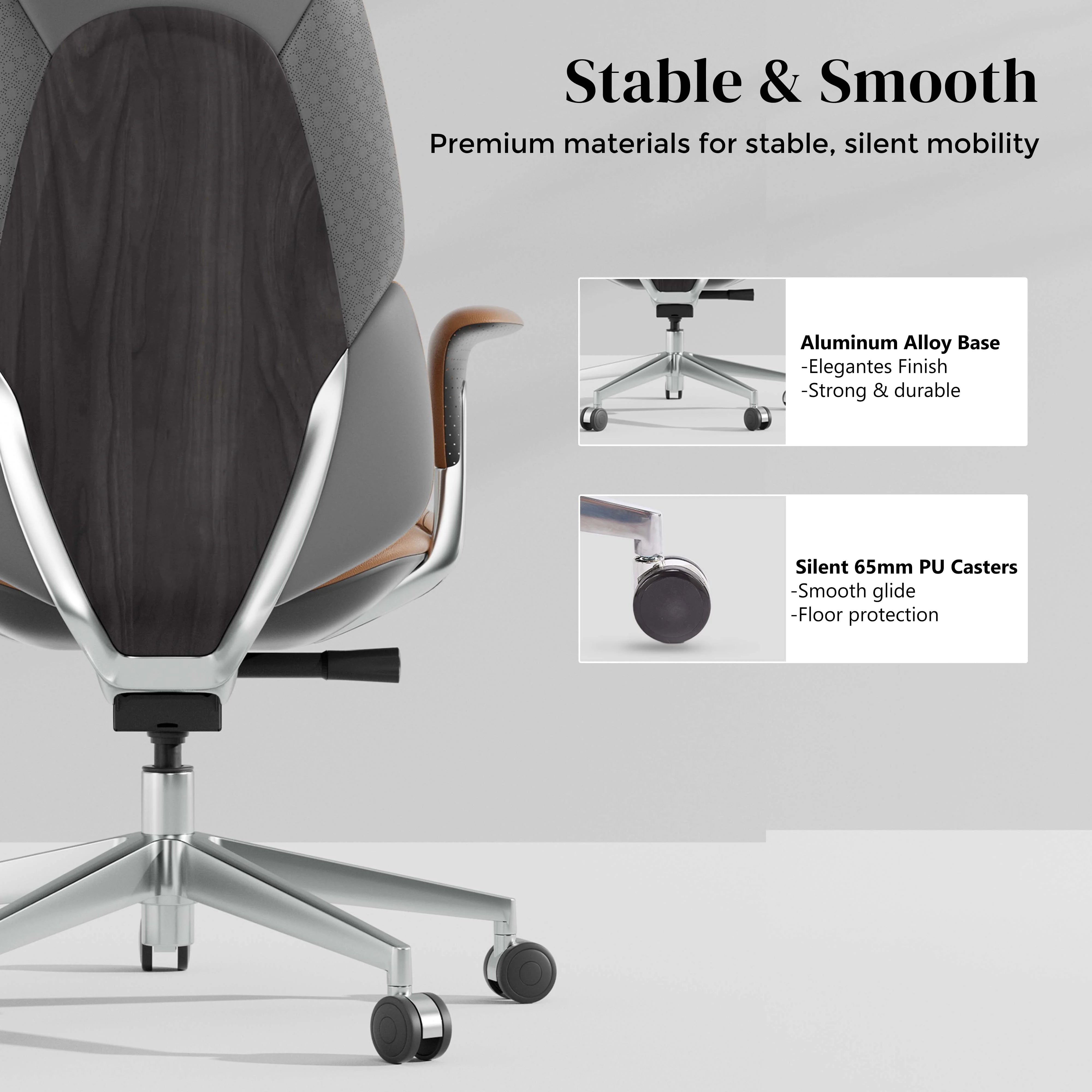 Leather office chair close-up with segmented back and chrome base with smooth casters