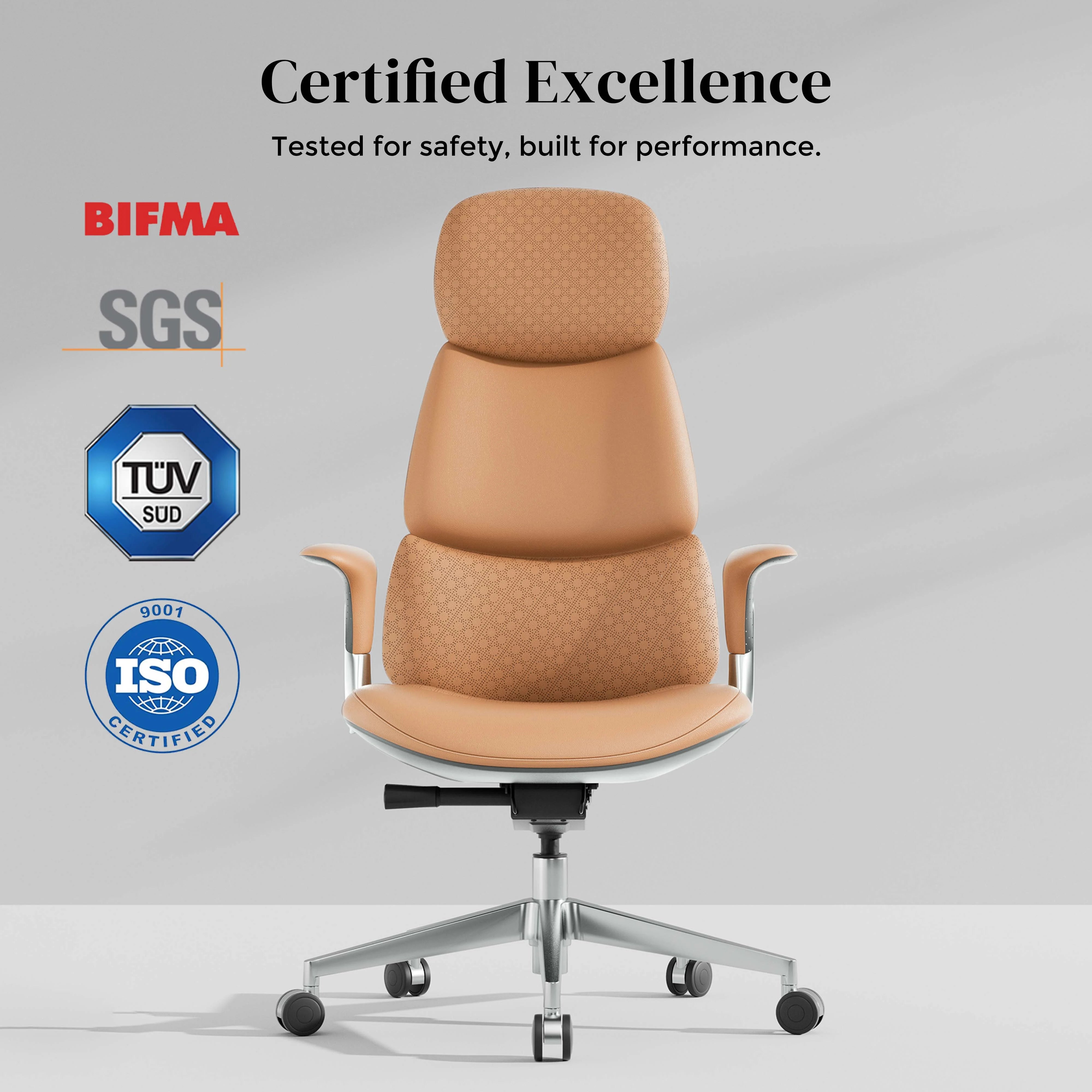 Leather office chair with tan upholstered backrest, cushioned seat, and five-wheel base