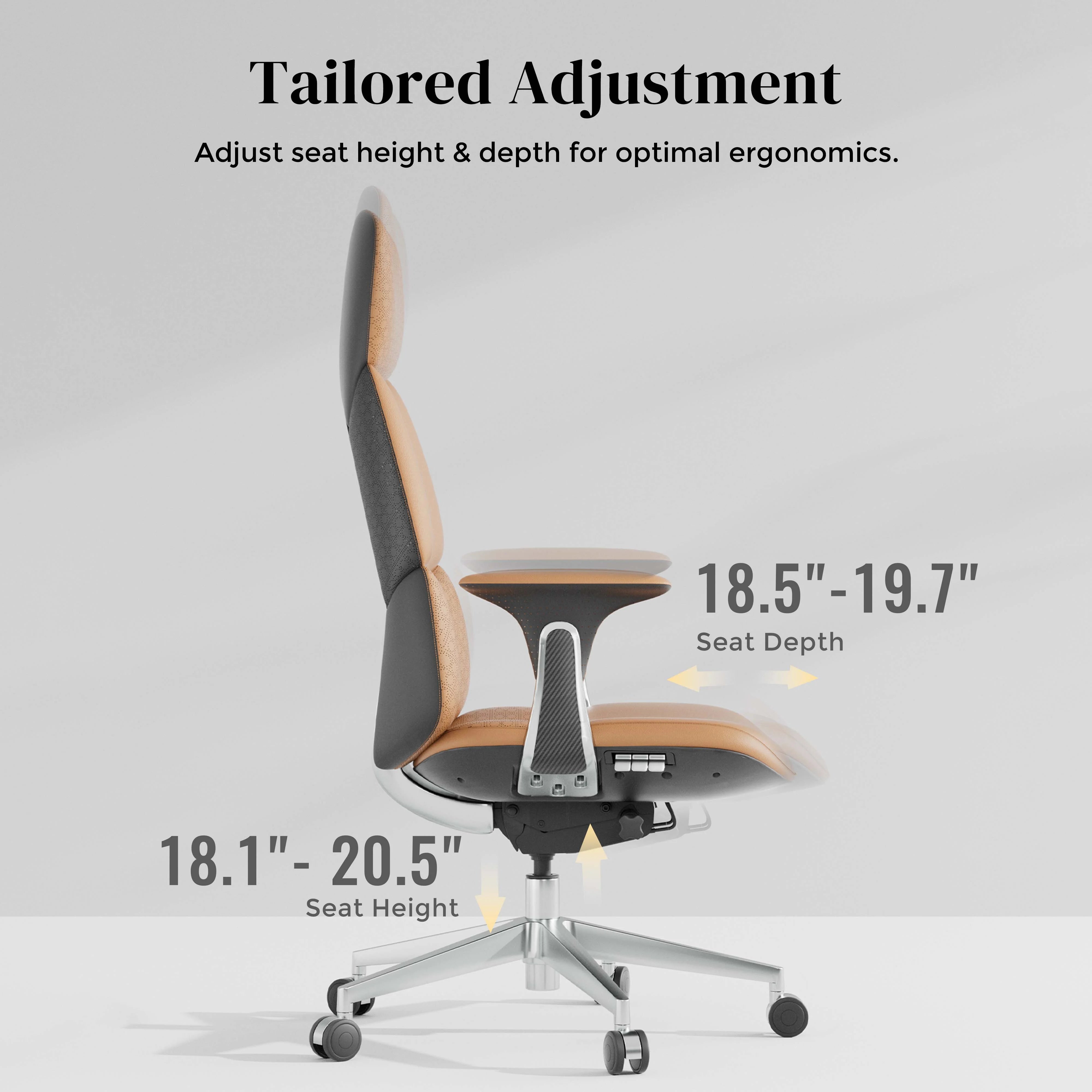 Burnt orange leather office chair with padded arms and casters, shown in side view