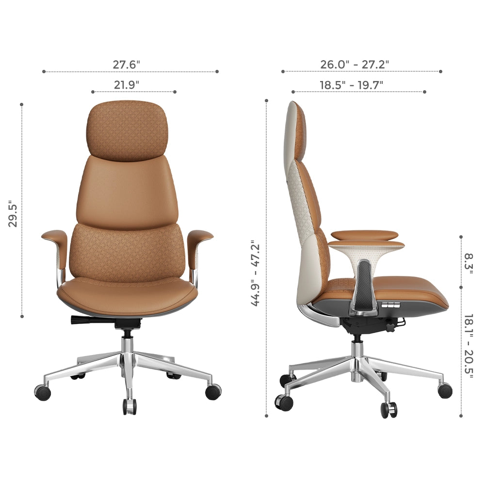 Nolan leather office chair, brown with textured back and seat, curved arms, rolling base