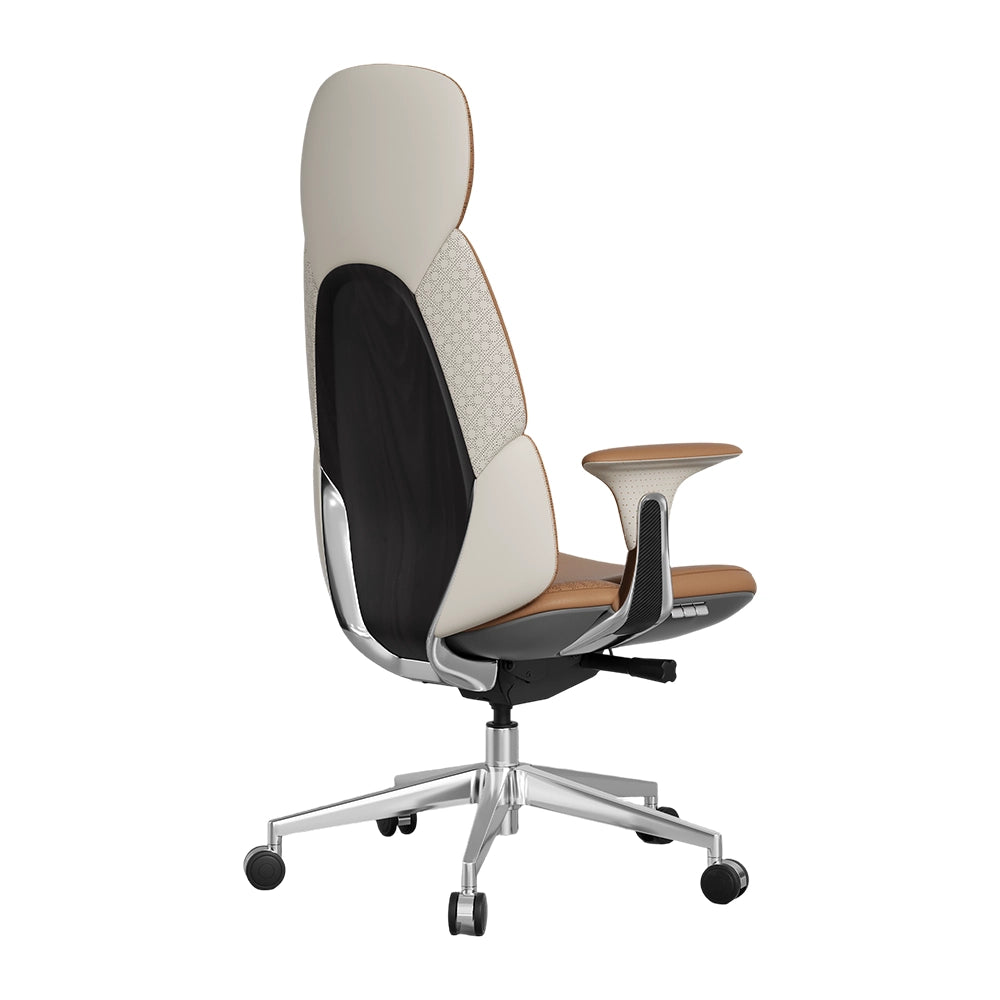 Cream leather office chair with black inner back panel, headrest, curved seat, caster wheels