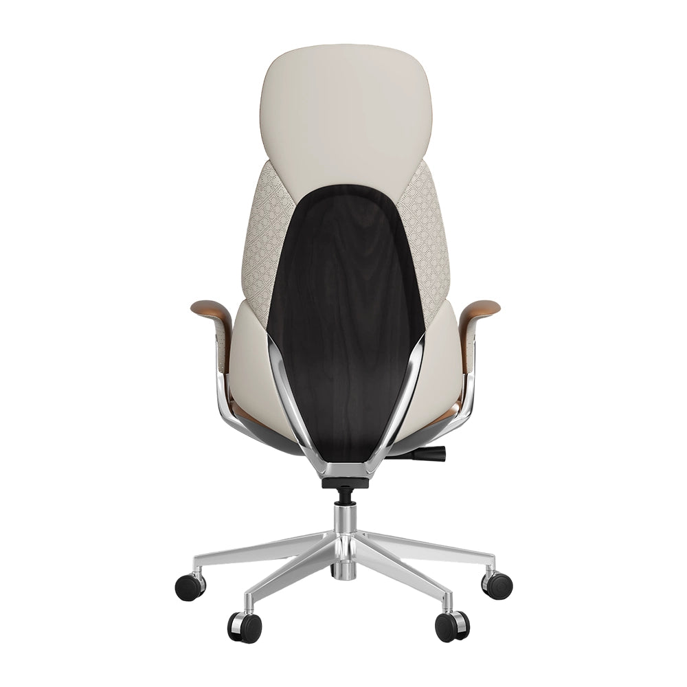 Brown leather office chair, front view with headrest and oval back, black inner panel, casters