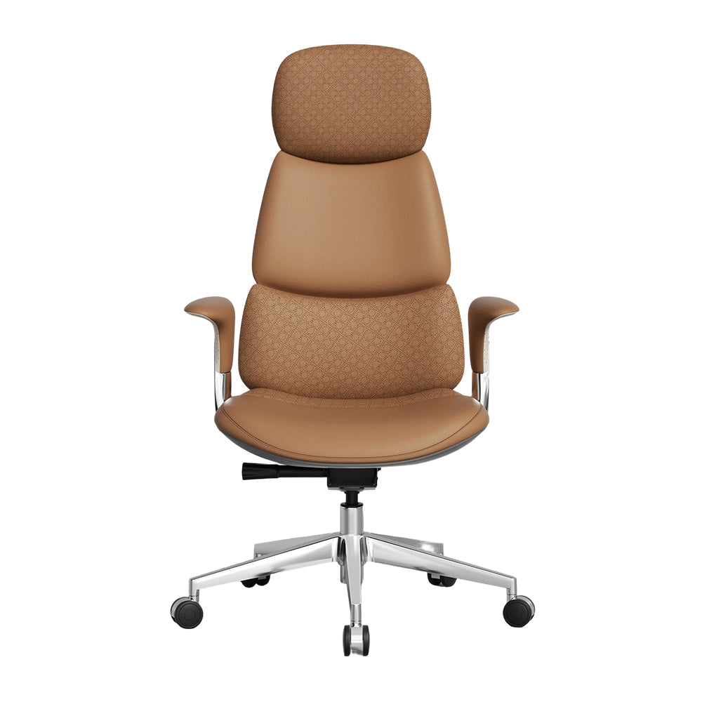 Nyla leather office chair in brown, front view of seat, back, armrests, and star base