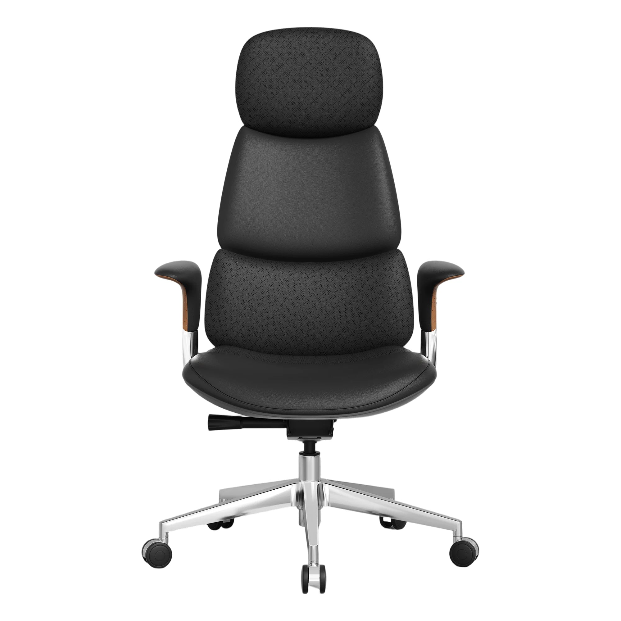 Charcoal gray upholstered office chair with curved back and adjustable arms, on chrome base with casters