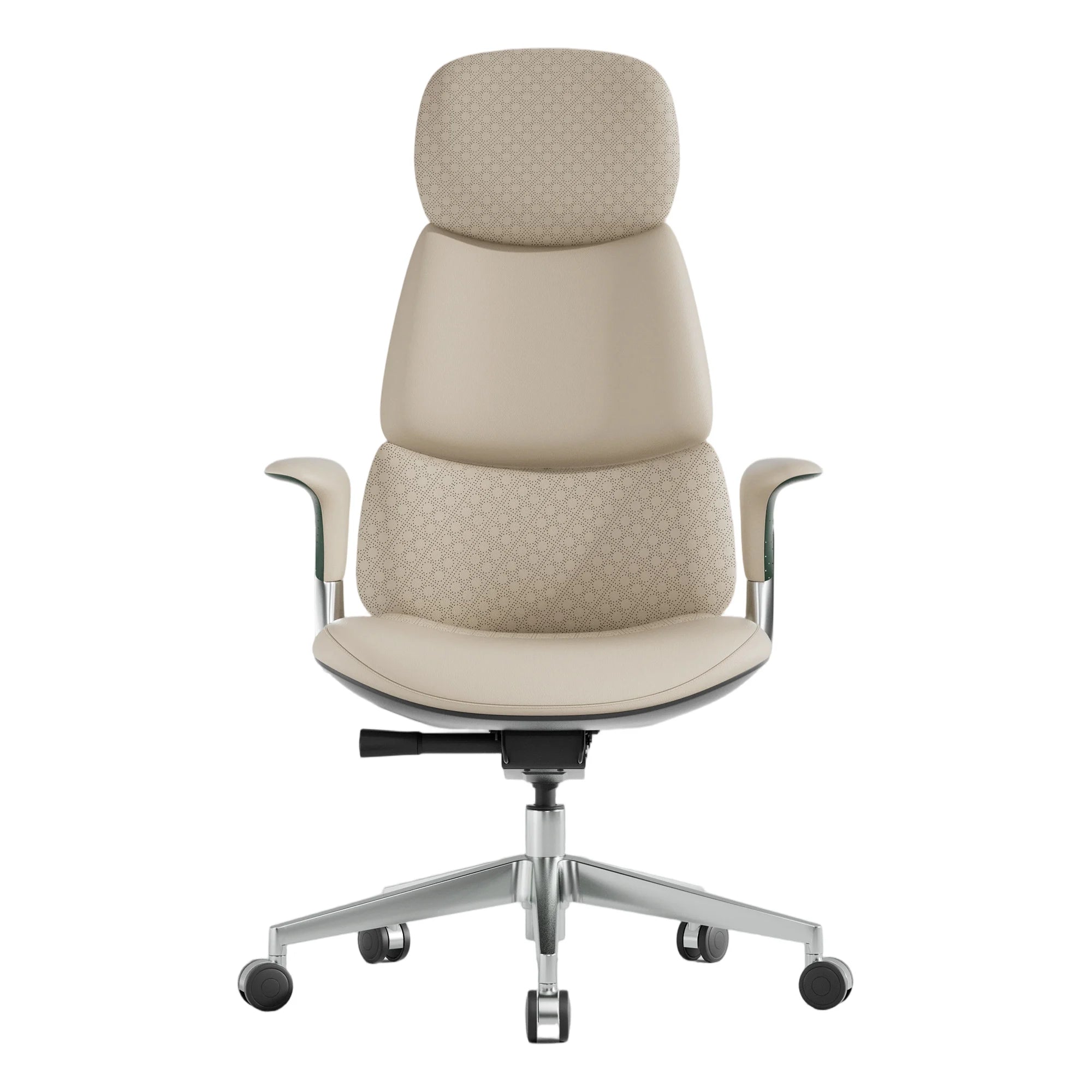 Light beige upholstered office chair with curved back and adjustable arms, on chrome base with casters