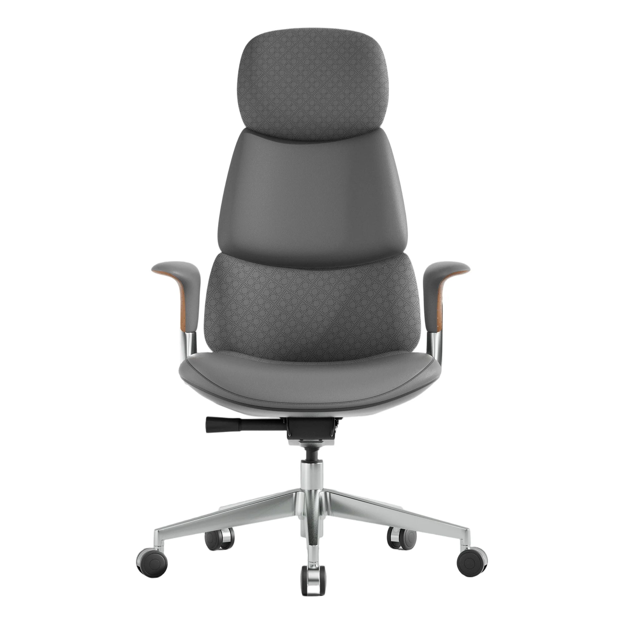 Gray upholstered office chair with curved back and adjustable arms, on chrome base with casters