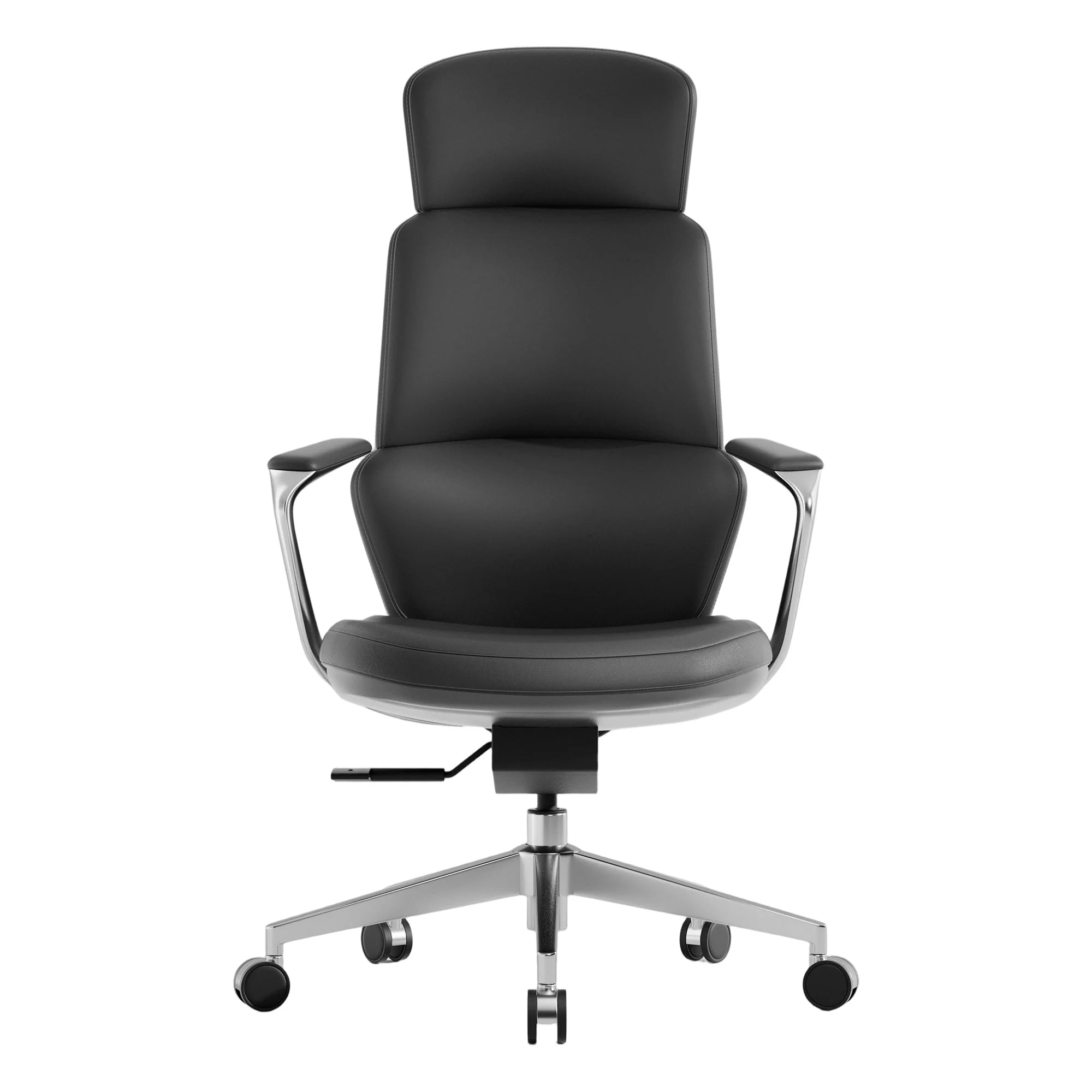 Black leather swivel office chair with tall backrest and curved padded seat